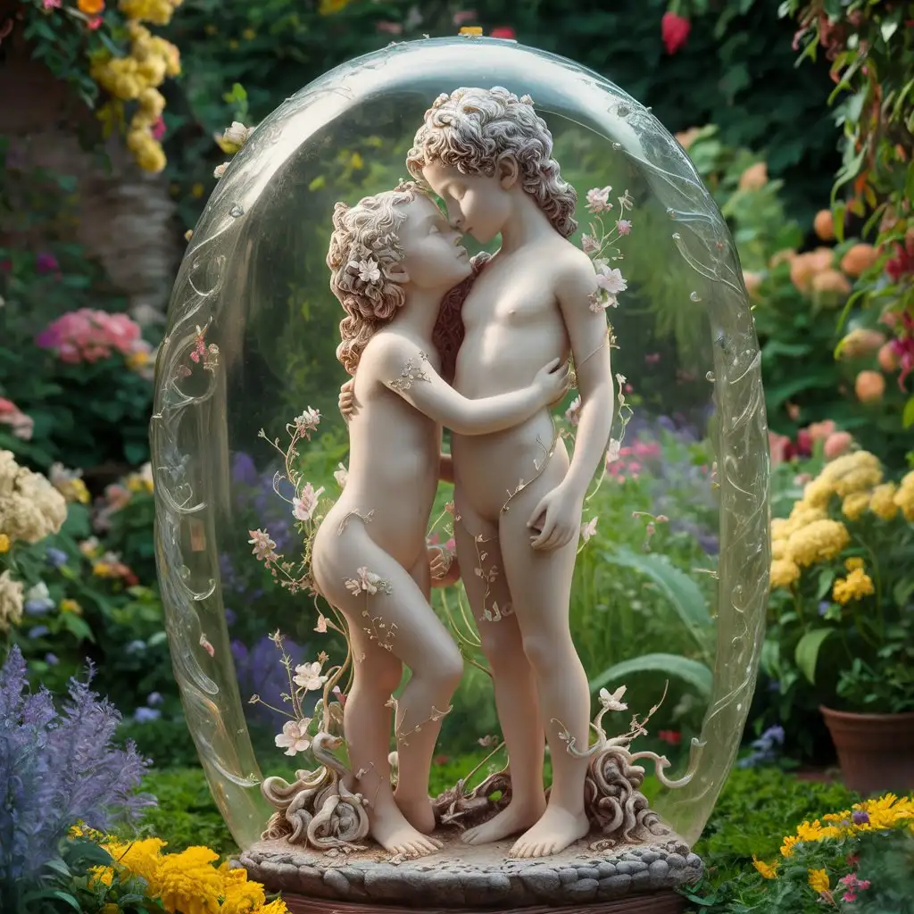 statue of a nude girl and boy in glass in a flowering garden full body