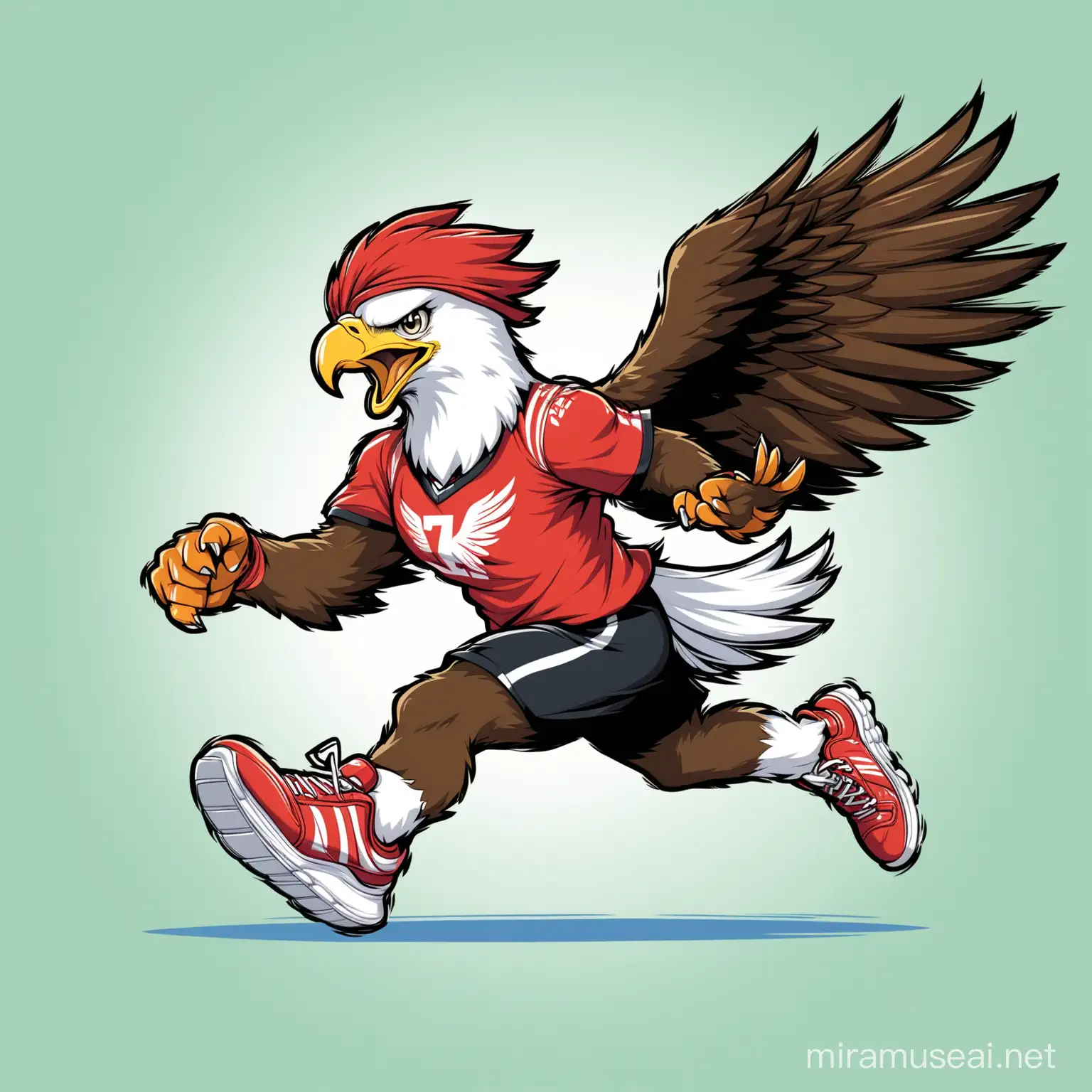 An eagle running in sneakers, a sports mascot, speed.
