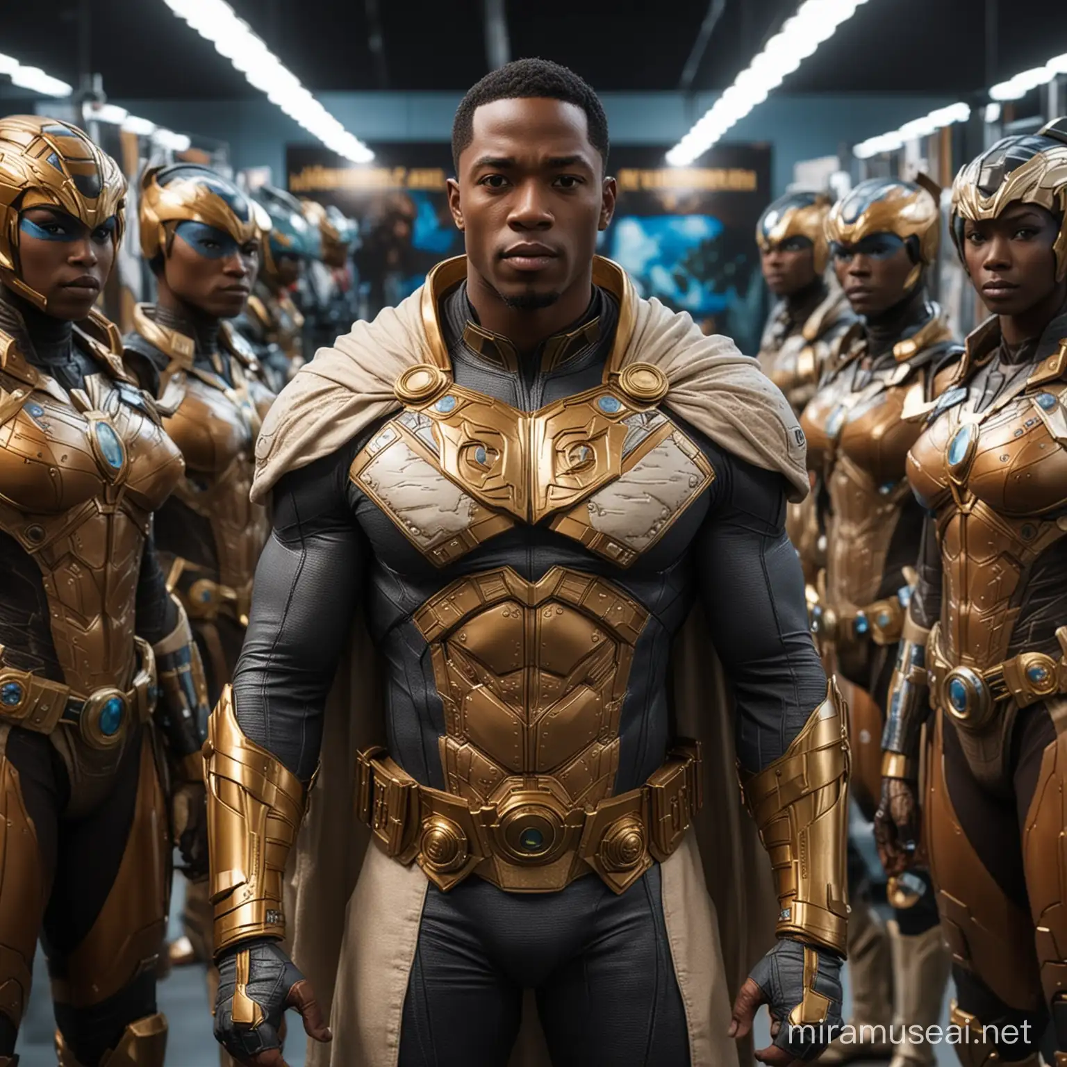 Nix Uotan The Superjudge, African American film producer Victor Foh Jr as DC Character Nix Uotan, Nix Uotan, highly detailed, 8K, standing in front of multiple copies of the planet Earth, comic accurate costume, DC comics, multiverse