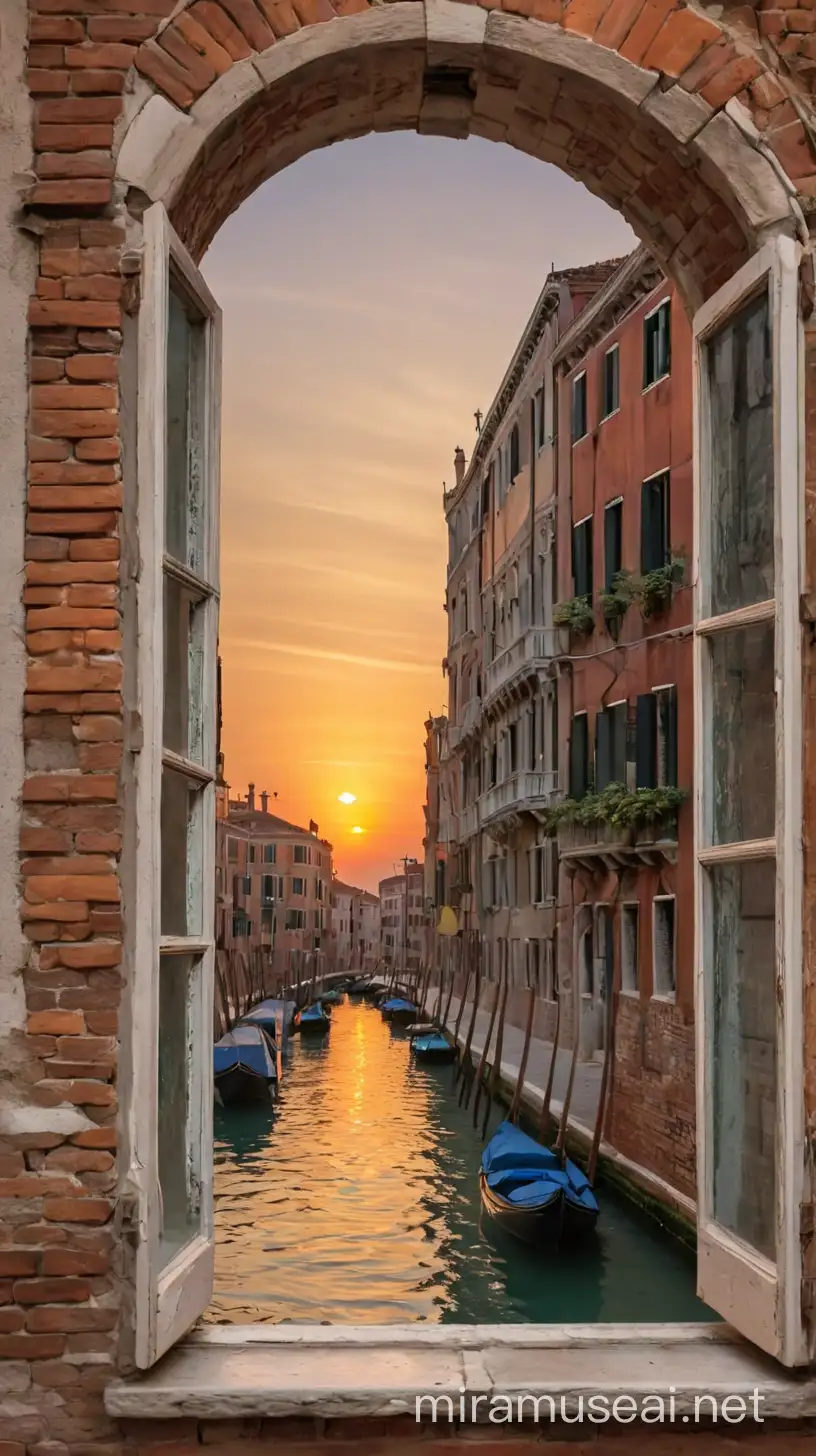 Ventana con vistas al canal Venecia al atardecer