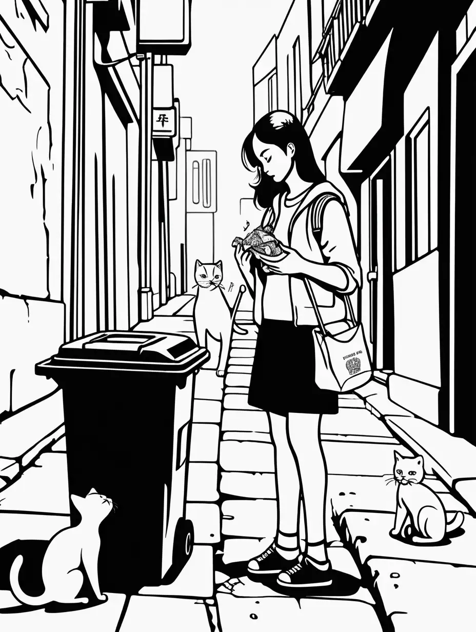a lady find an abandoned hungry kitten near rubbish bin on the street black and white outline