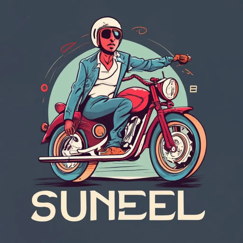logo, handsome dude riding a motorbike, with the text "suneel", typography
