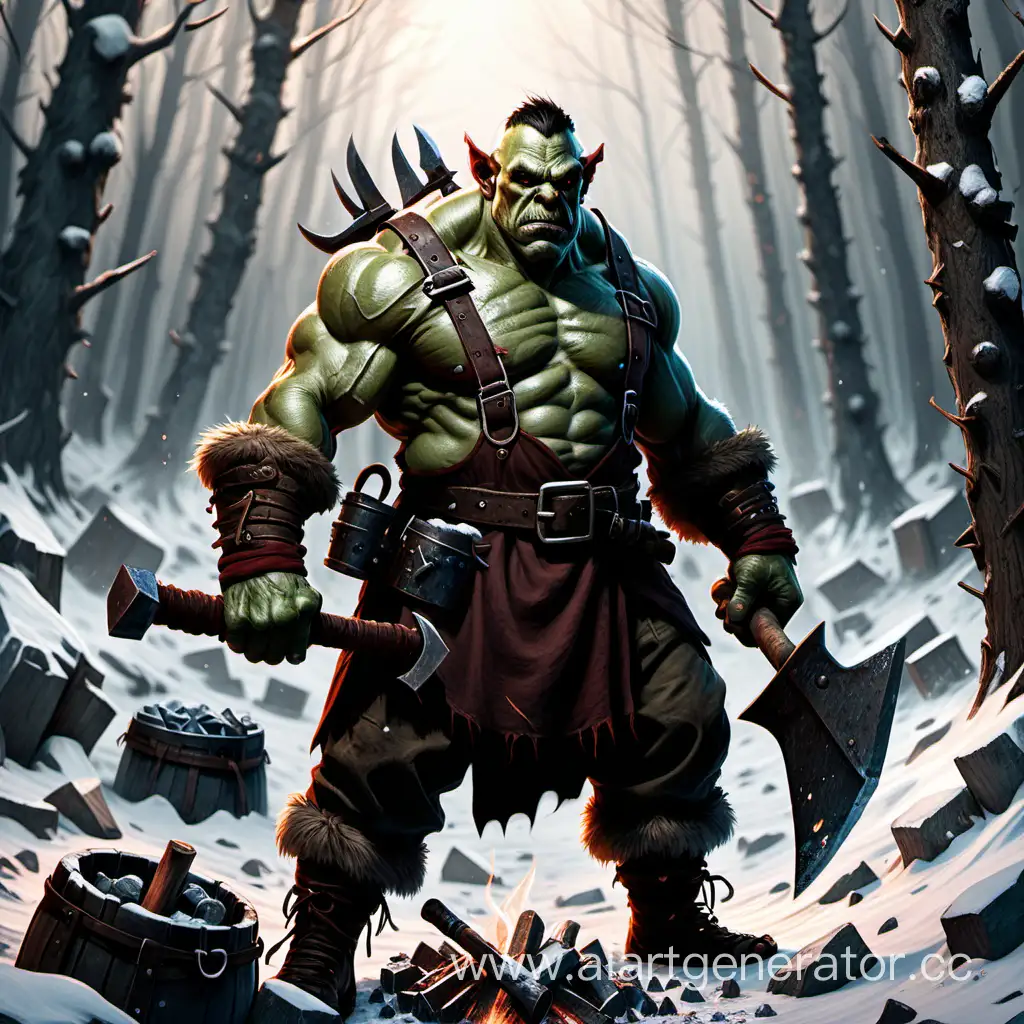 Mighty-Orc-Blacksmith-Forging-in-Enchanted-Winter-Woods