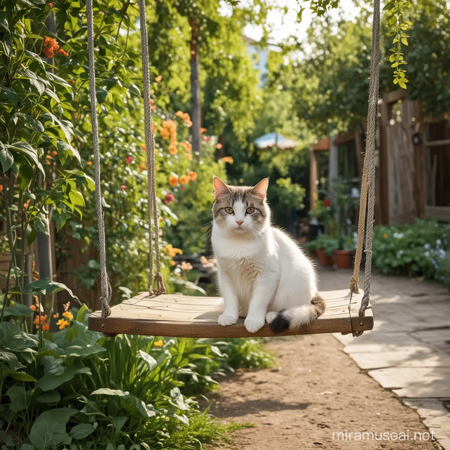Кот сидит на улице в саду на качеле