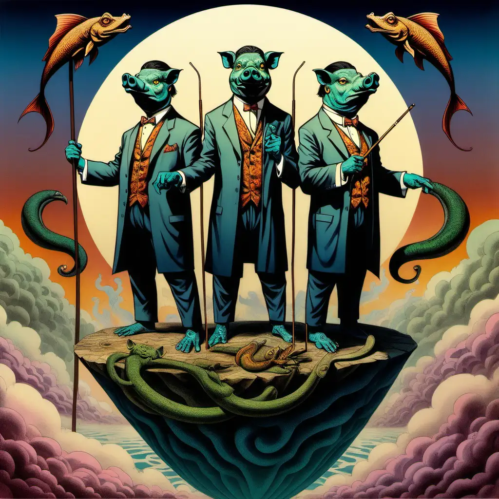 psychedelic art of three men have a strong pose and standing on top of the world. The men are dressed in smokings and have a cane in one hand. The men have the faces of a pig, a komodo dragon and a pikefish.