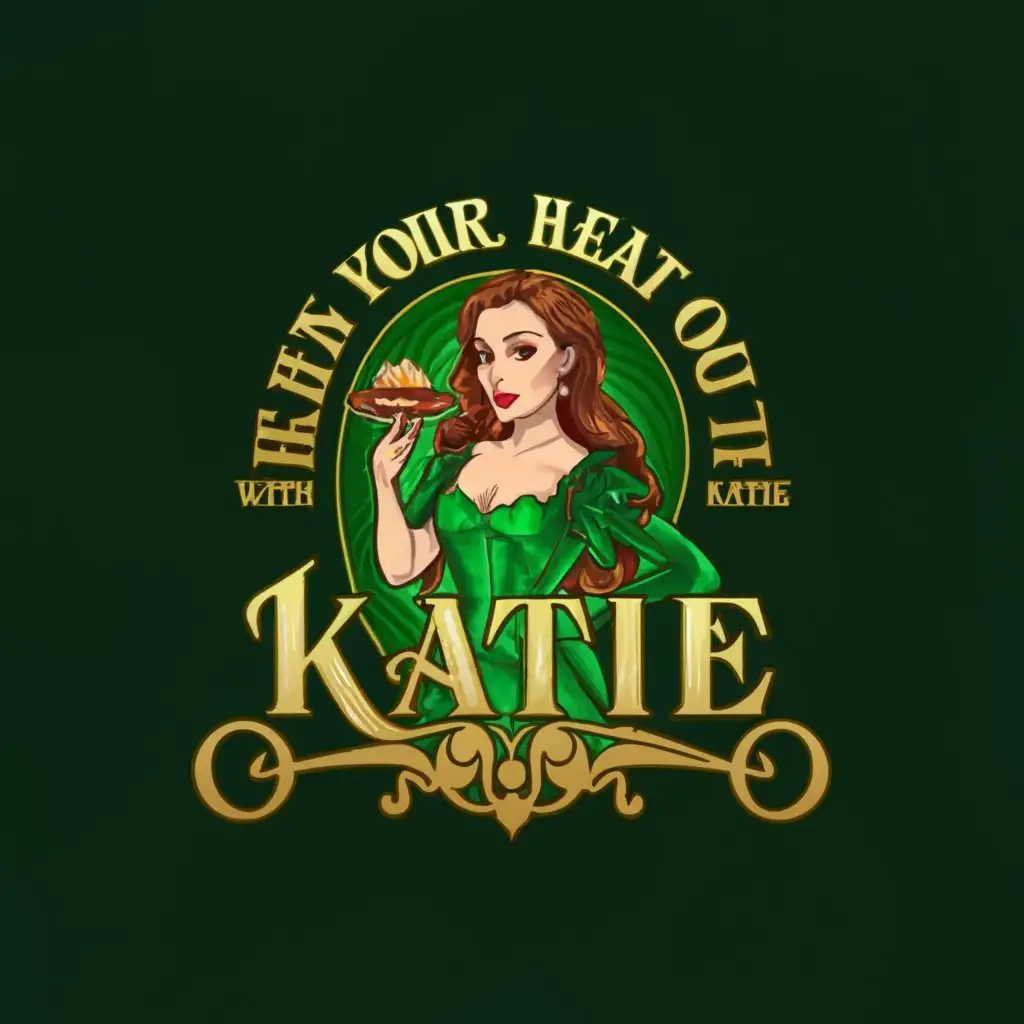 a logo design,with the text "Eat Your Heart Out with Katie", main symbol:emerald green and gold colors with a gothic type vibe of a woman eating a heart shaped cake,Moderate,clear background