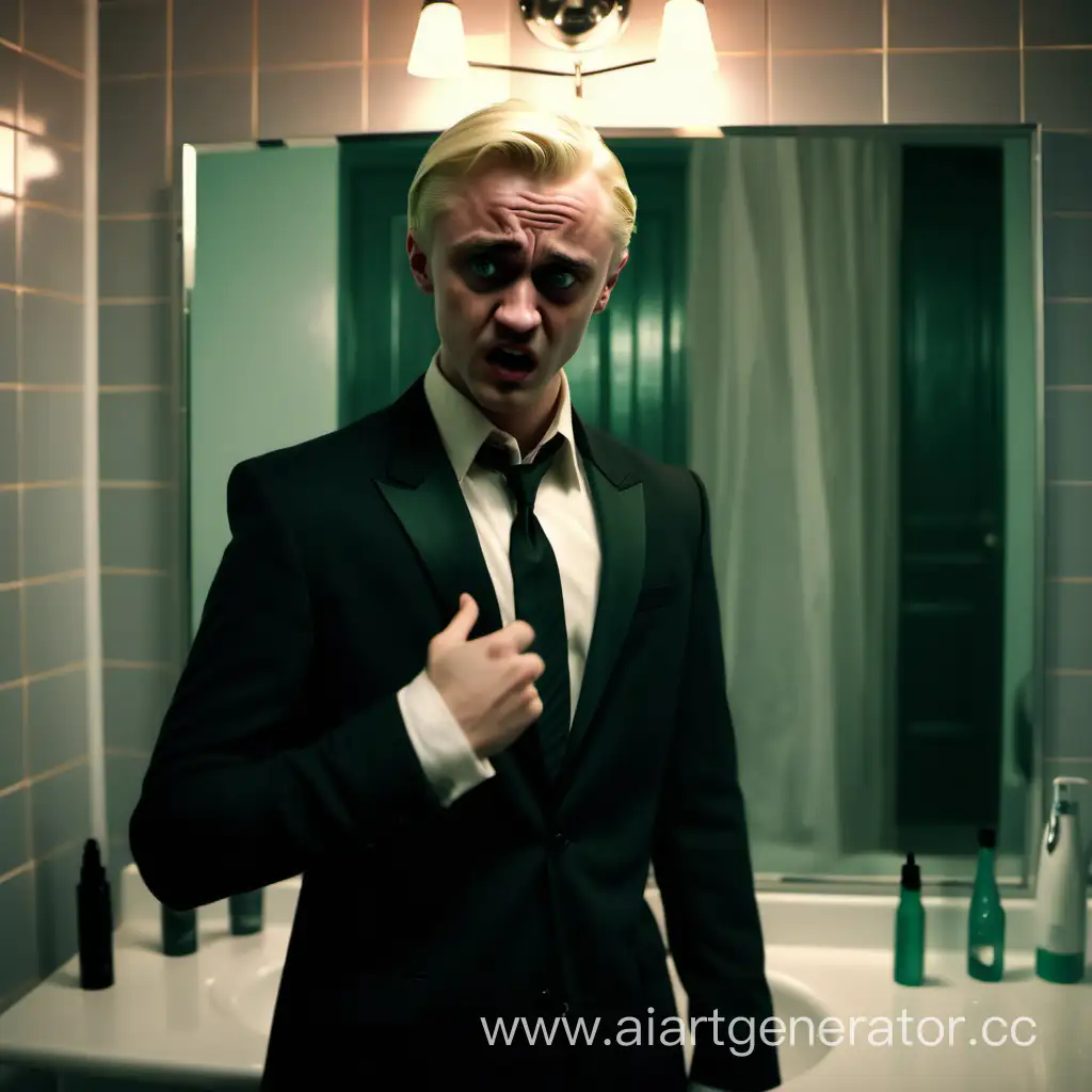 young handsome Draco Malfoy drunk in a suit angry swears screams with tears in his eyes angry breaks the mirror in the bathroom, evening, dear house, bathroom