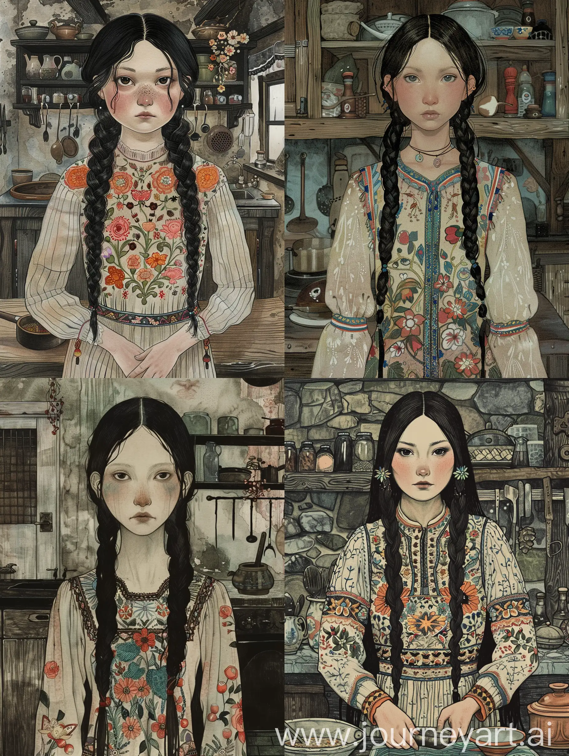 Indigene Frau vom Baikal. Sie hat langes schwarzes Haar in zwei geflochtenen Zöpfen. Ihre Gesichtszüge sind asiatisch wie bei den Burjaten. Sie trägt ein traditionell mit Blumen besticktes Kleid. Sie steht in einer Hexenküche und kocht etwas.