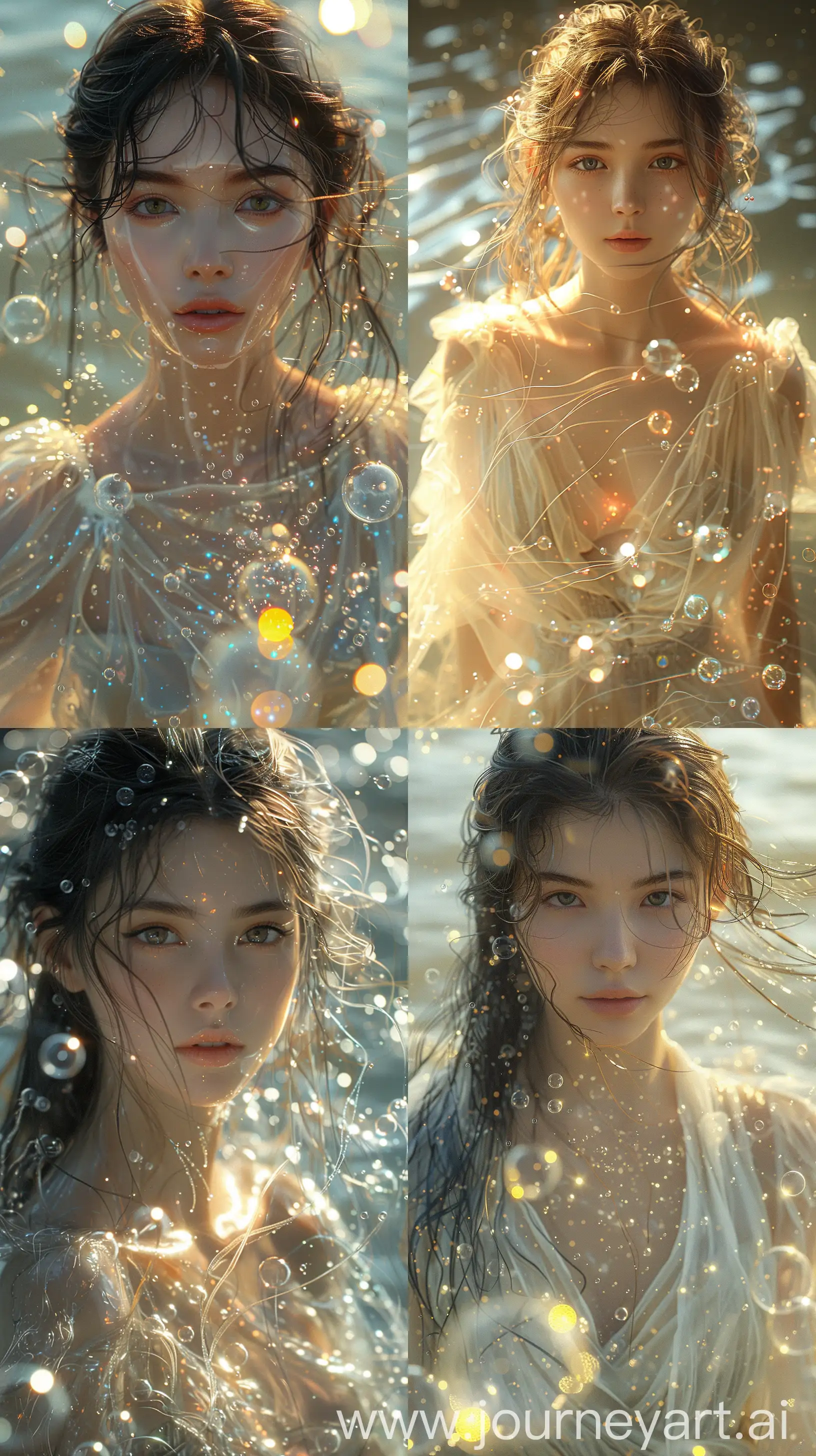 a woman that is standing in the water, digital art, inspired by Yanjun Cheng, fantasy art, glowing bubble threads of drop, artwork in the style of guweiz, portrait of kim petras, portrait of magical girl, trending at cgstation, endless flowing ethereal drapery, beautiful art uhd 4 k, ethereal bubbles, light grey eyes and graphic scheme dress --s 1000 --ar 9:16
