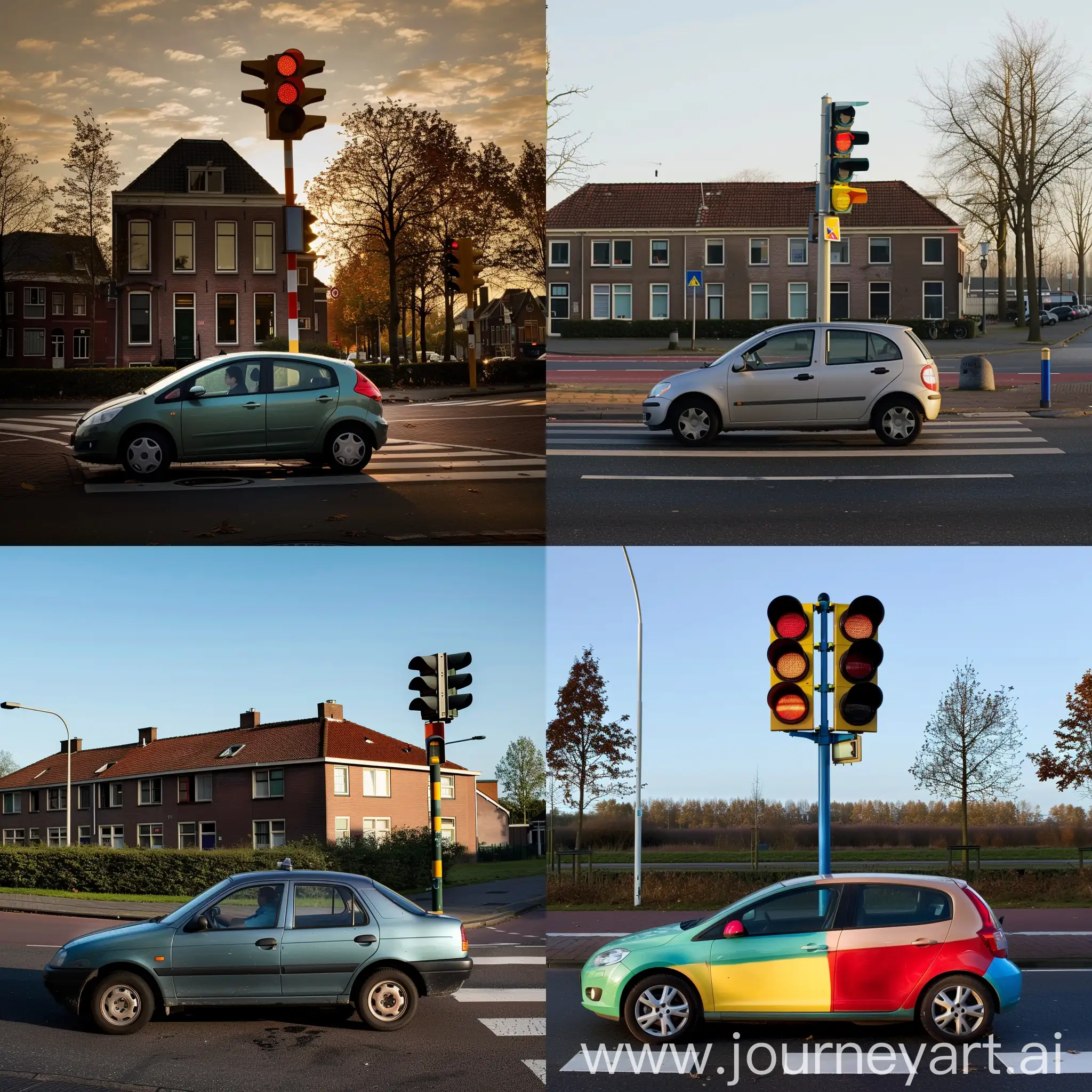 Generate a picture of a car in the netherlands in front of a stopping light where students can learn traffic rules