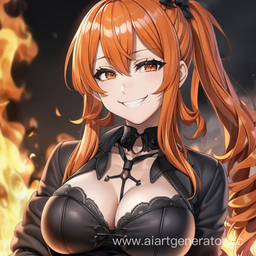Fire, therapist, sexy, thick, beautiful, muscular, anime girl, orange hair, Gothic anime style, smiling