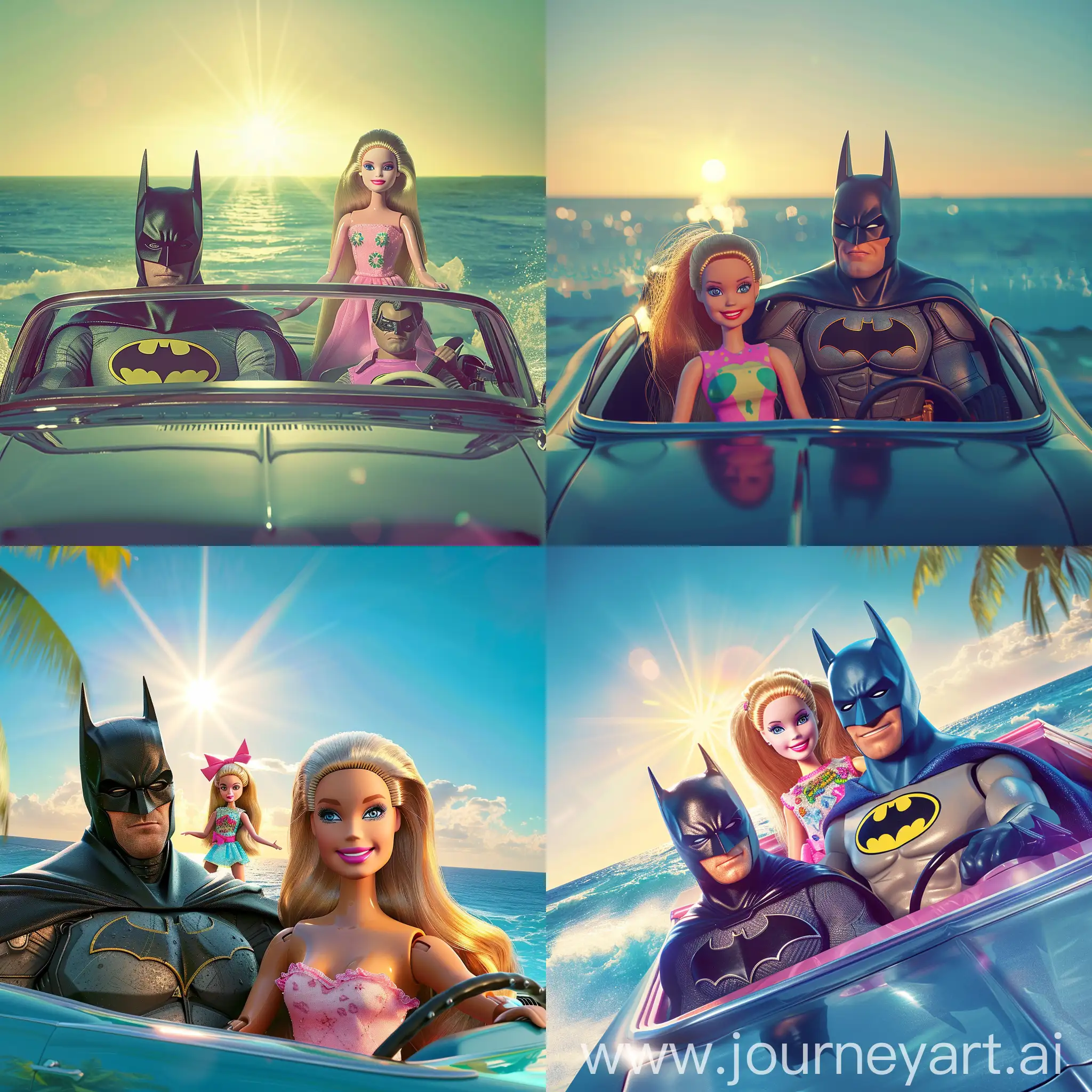 Batman and Barbie in a car against the backdrop of the sea and sun 
