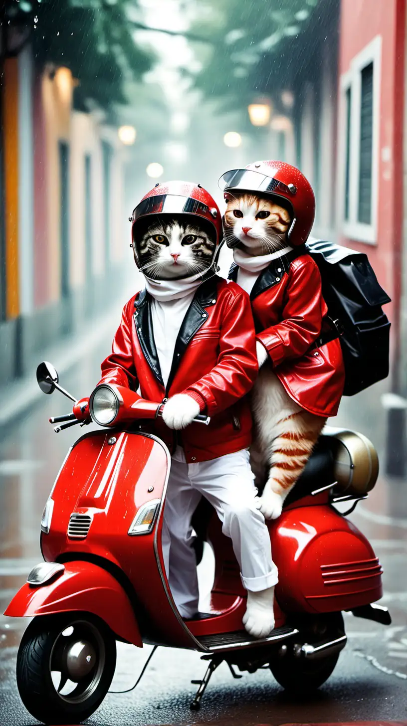 Cat Couple, Romantic, Wearing Red Jackets. trousers. helmet, Riding a Vespa motorbike. when it rains