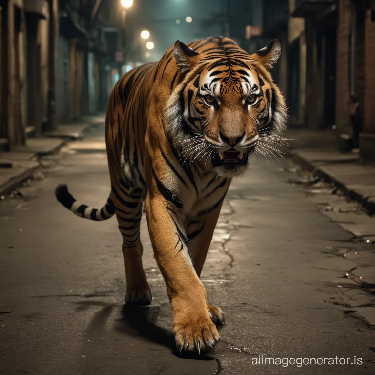 A body of a human, but he is a tiger. Just like a werewolf, but a tiger. Roaming around the street at night, very scary. He has a tiger like skin, very big and mascular.