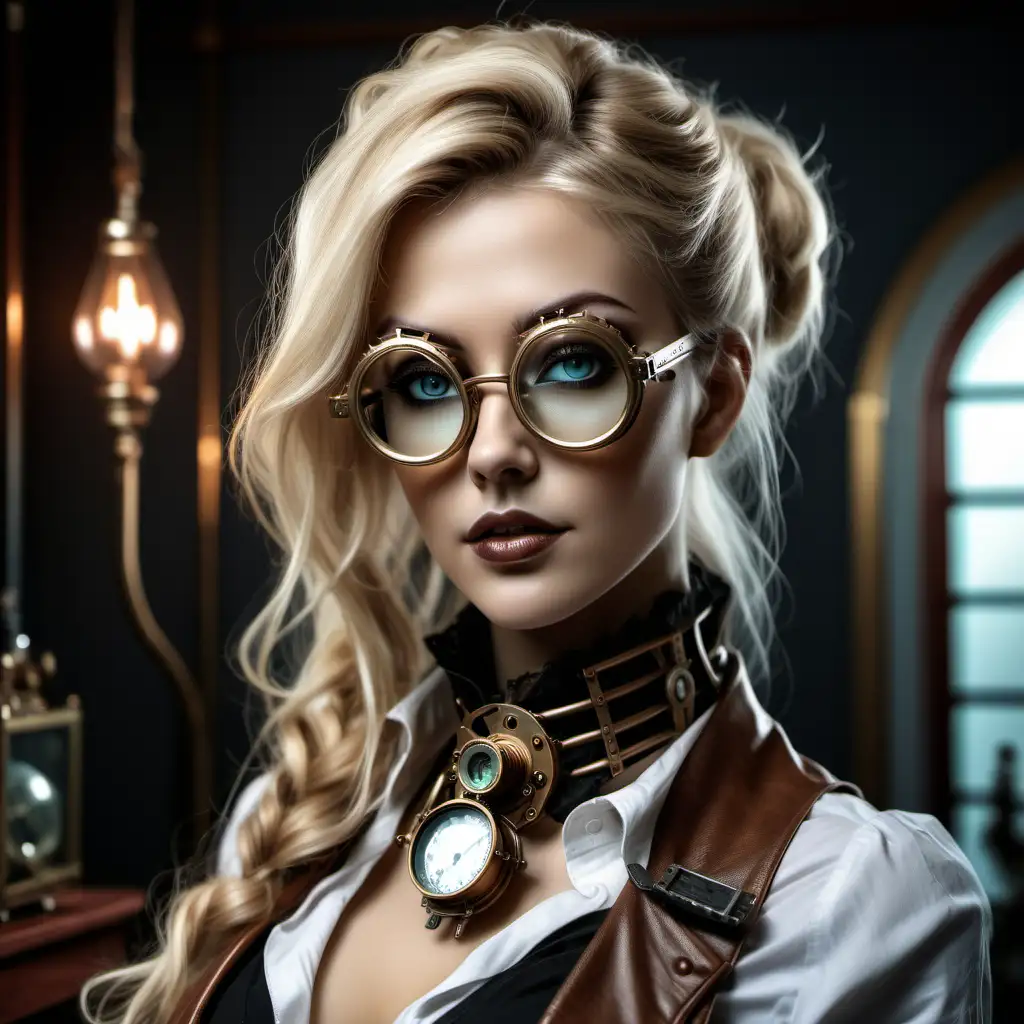 Blonde woman face with elegant glasses at home, steampunk style, hyper realistic, ultra detailed