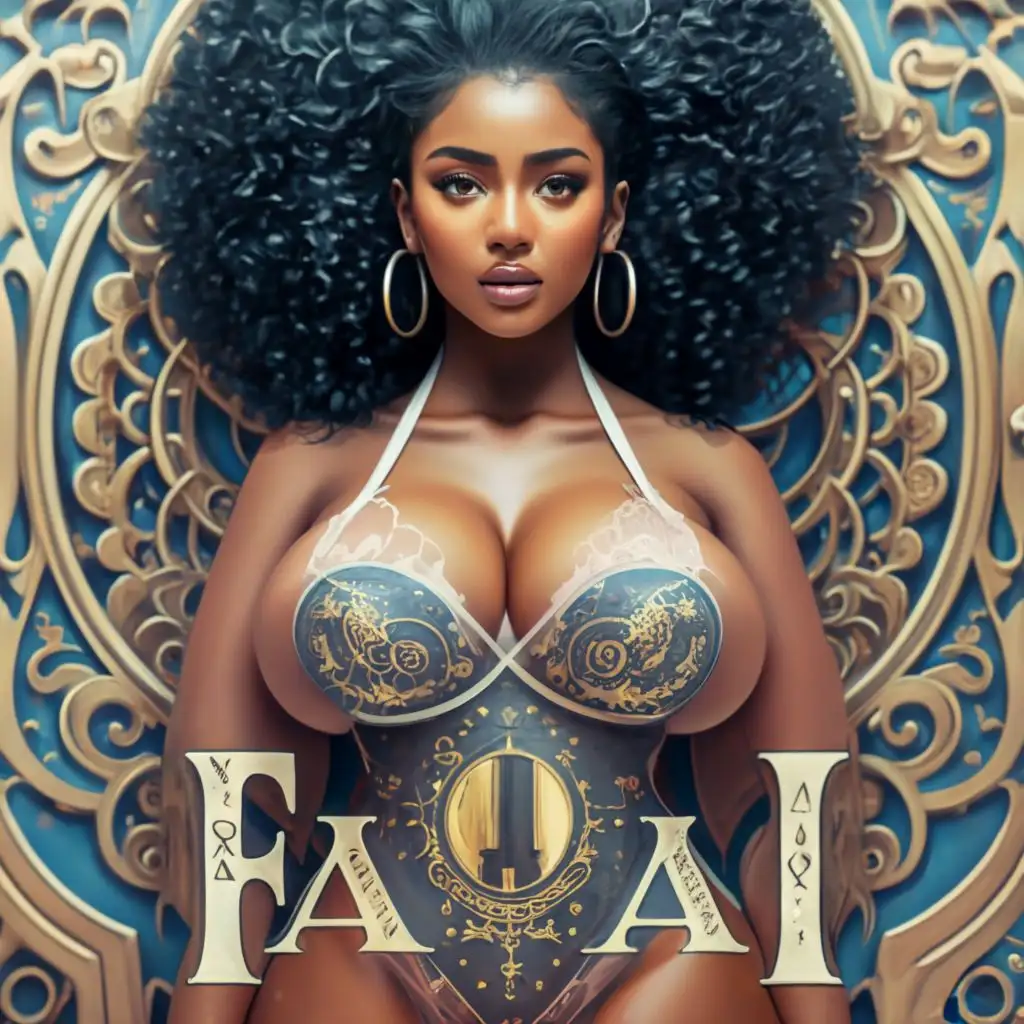 logo, A very busty black Pinup model with huge bosoms, a perfect body wearing a clear lace bra and thong, with the text 'Ebony AI', typography, to be used in the Beauty Spa industry, with the text 'Ebony AI', typography, to be used in the Technology industry, with the text 'Ebony AI', typography, to be used in the Religious industry