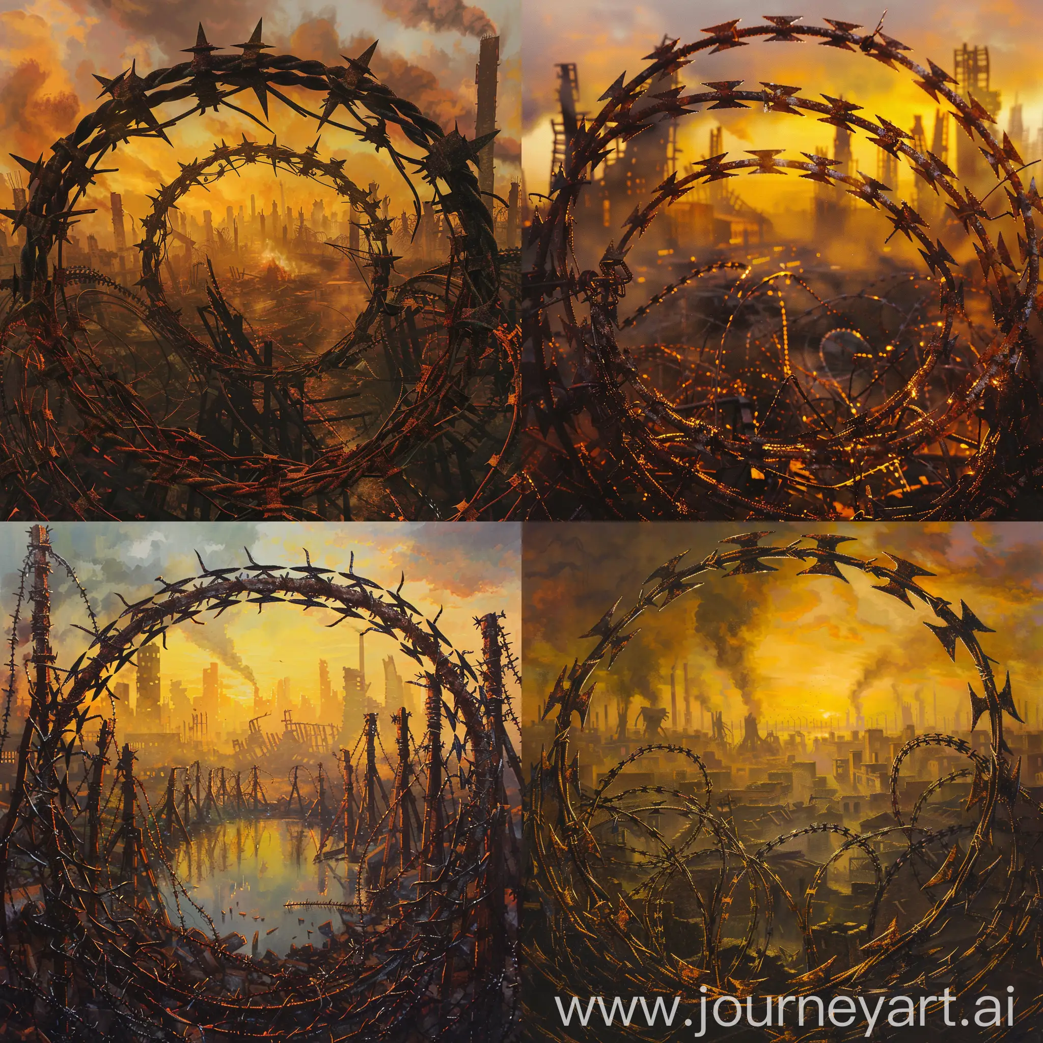 HyperDetailed-Barbed-Wire-Circle-Surrounding-Ruined-City-at-Dawn