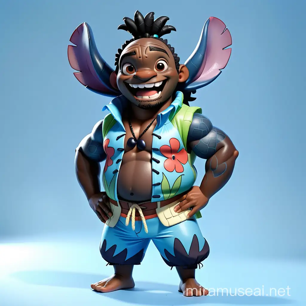 black animated Jamaican man dressed in a lilo and stitch outfit

