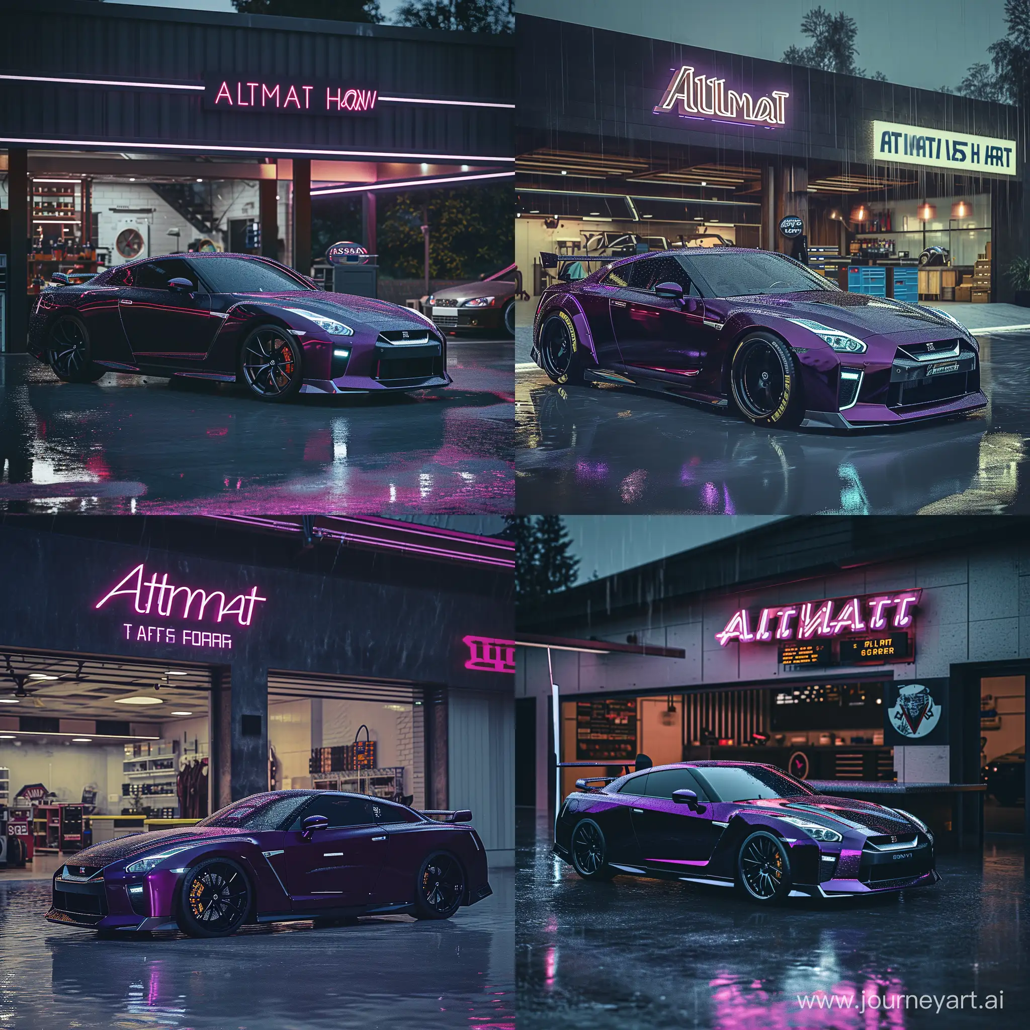 Ultra realistic, a dark purple shiny nissan gtr-35 parked infront of a modern workshop that have a signboard that says Altimat Auto Garage, neon lighting, rainy night, sony alpha 1