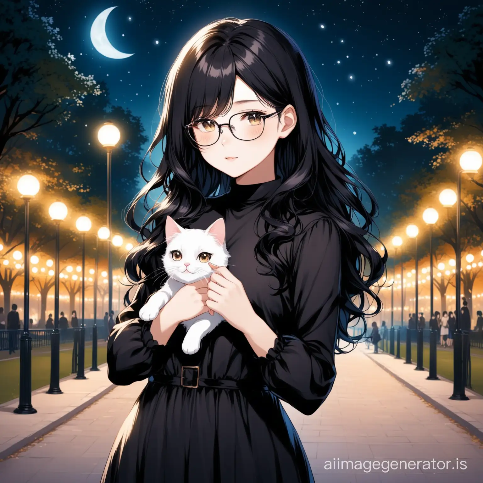 Girl with black hair and series warm face black dress and glasses with wave hair in night park and white cat 