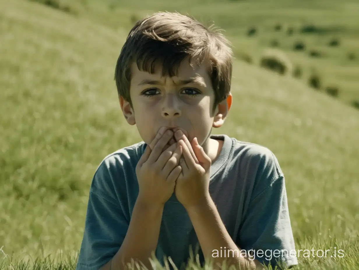 The camera zooms in on a young boy, around 10 years old on a grassy hillside. The boy looks around, clearly bored, then gets an idea. He stands up and cups his hands around his mouth.