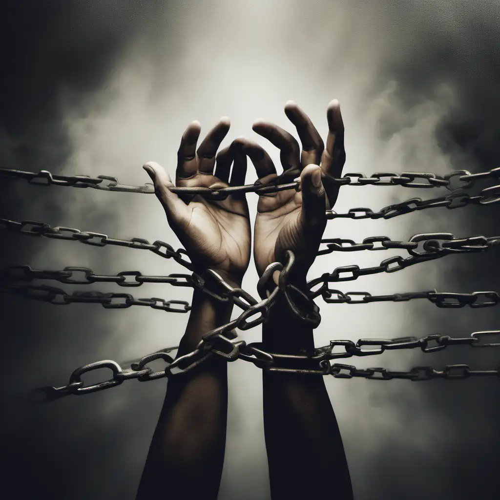 Envision a powerful image capturing the moment of liberation, titled 'Breaking Free.' Picture two hands as they break free from the constraints of shackles or handcuffs, symbolizing the release from whatever binds or restricts us. The focus is on the hands - one should depict the moment right as the shackles are breaking, emphasizing strength, resilience, and the triumph over adversity. The background should be simple yet profound, perhaps with subtle light emanating from the point of breaking, highlighting the transition from darkness to light, from confinement to freedom.