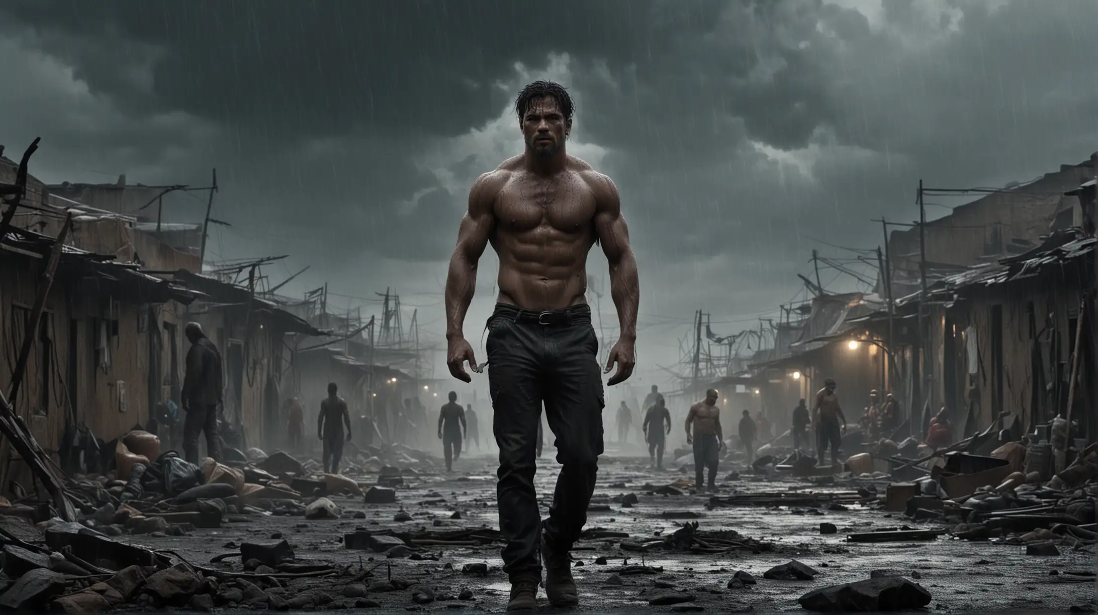 strong male, center, Survival movie scene, action, thunder weather, dark slum background