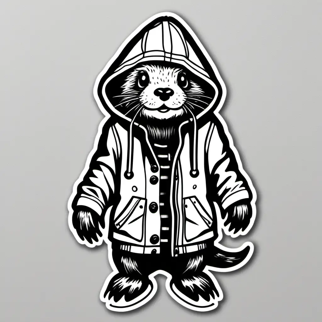 vinyl sticker style otter with a raincoat punk rocker theme simple black and white easy to peel