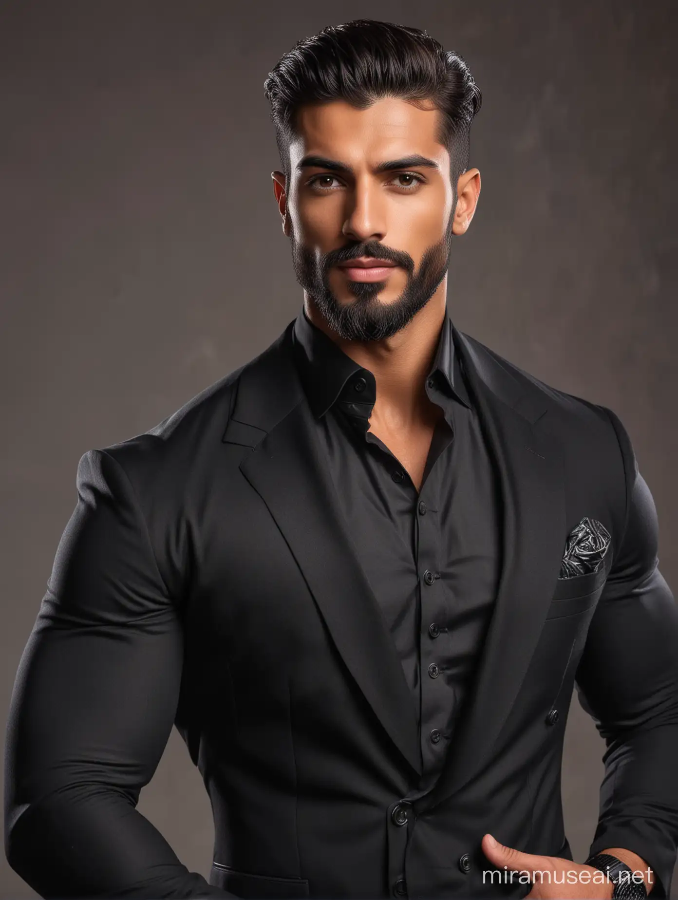 Tall and handsome bodybuilder Arabian men with beautiful hairstyle and beard with attractive eyes and Big wide shoulder and chest in black suit 