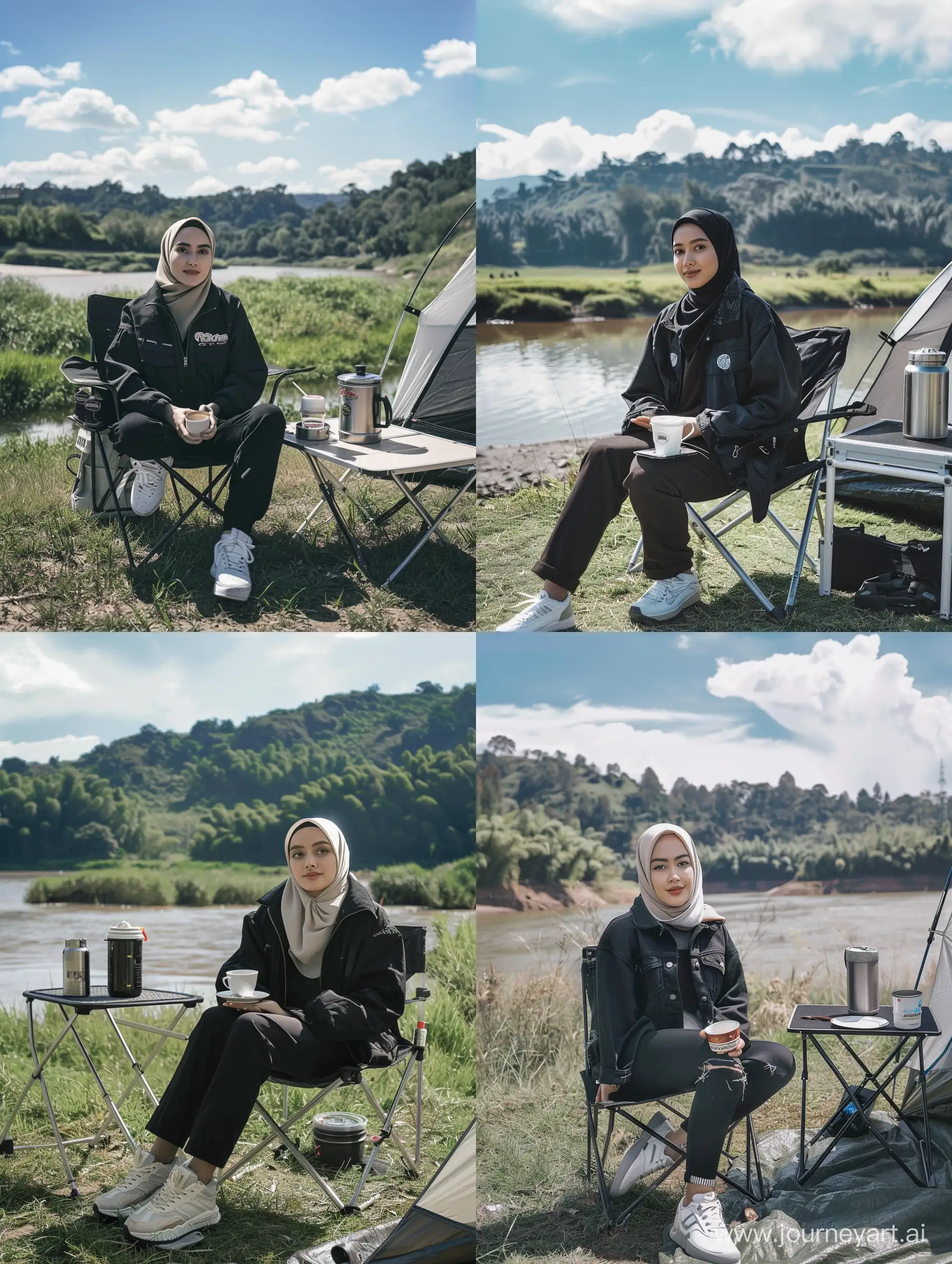 A beautiful Indonesian hijab woman with a clean face, wearing a black trucker jacket, black pants and white shoes. Sit on a portable folding chair in front of the tent. Next to him was a cup of hot coffee and a thermos of hot water placed on a portable folding table. It sits on the bank of the American River and the grass around it is very green and fresh, with a forest in the background in the distance. White clouds in a clear sky.Ultra HD, original photo, high detail, ultra sharp, 18mm lens, realistic, photography, Leica camera