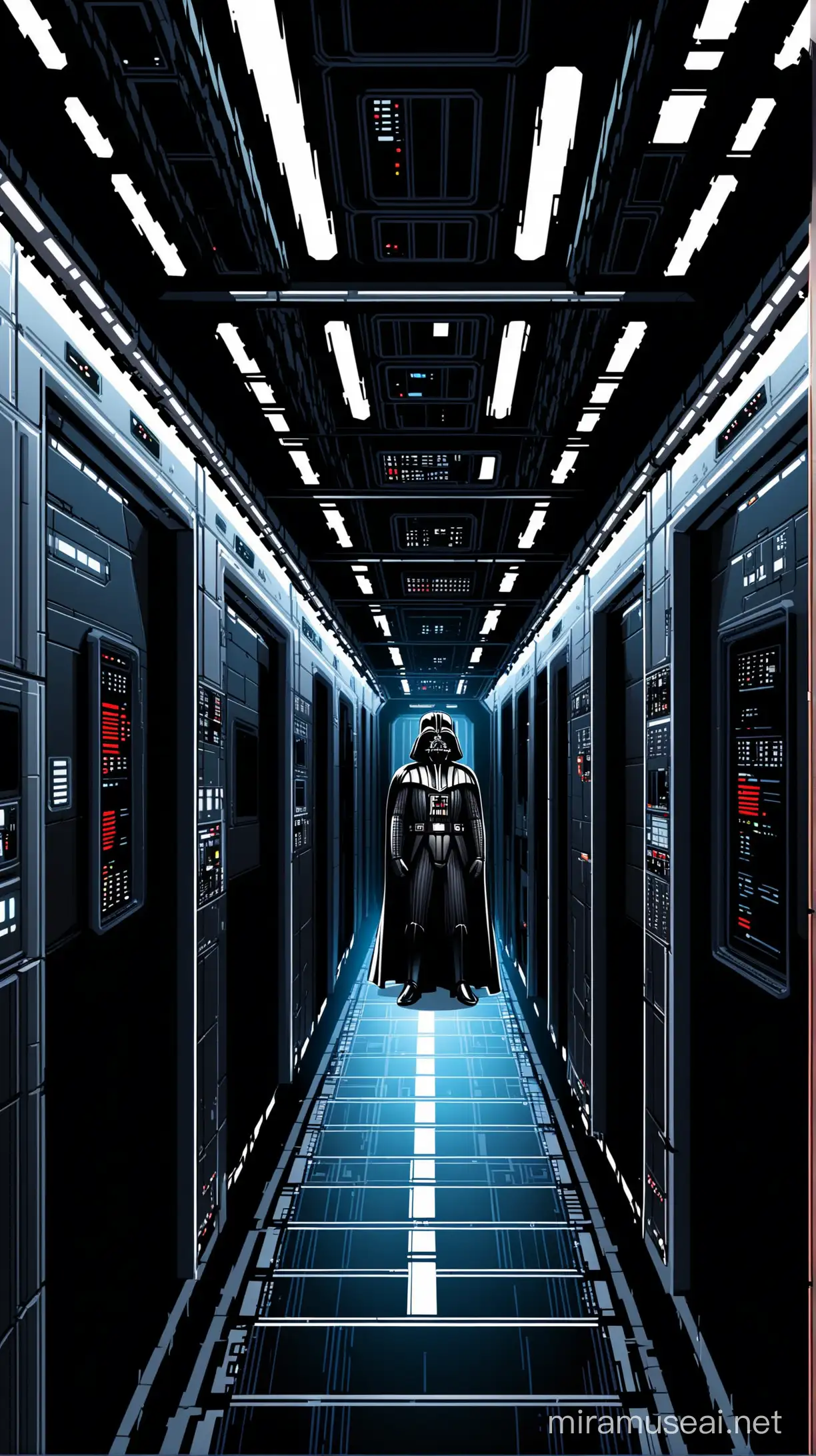Darth Vader vector. Space station hallway background. 