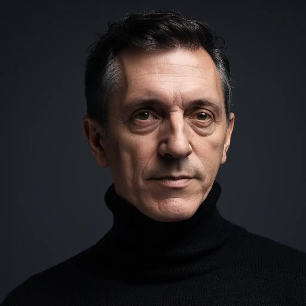 photgraphisches Portrait eines Kreativen Künstler mit schwarzem Rollkragen Pullover vor einem grauen Hintergrund