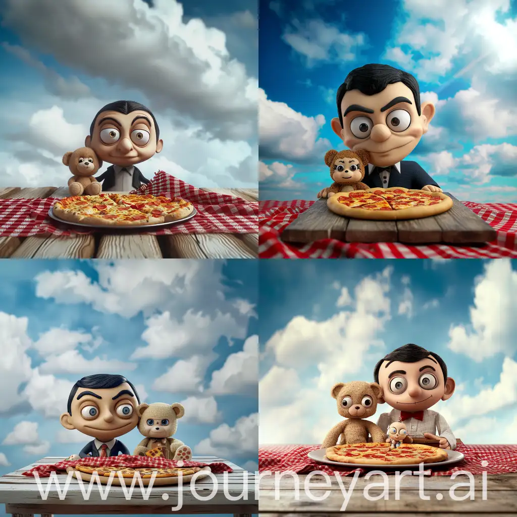 2d cartoonic illustration photo from Mr bean and small teddy doll, White Simple background, They're sitting at the old wooden table with pizza in front of them, Blue cloudy sky, Red Gingham fabric on table