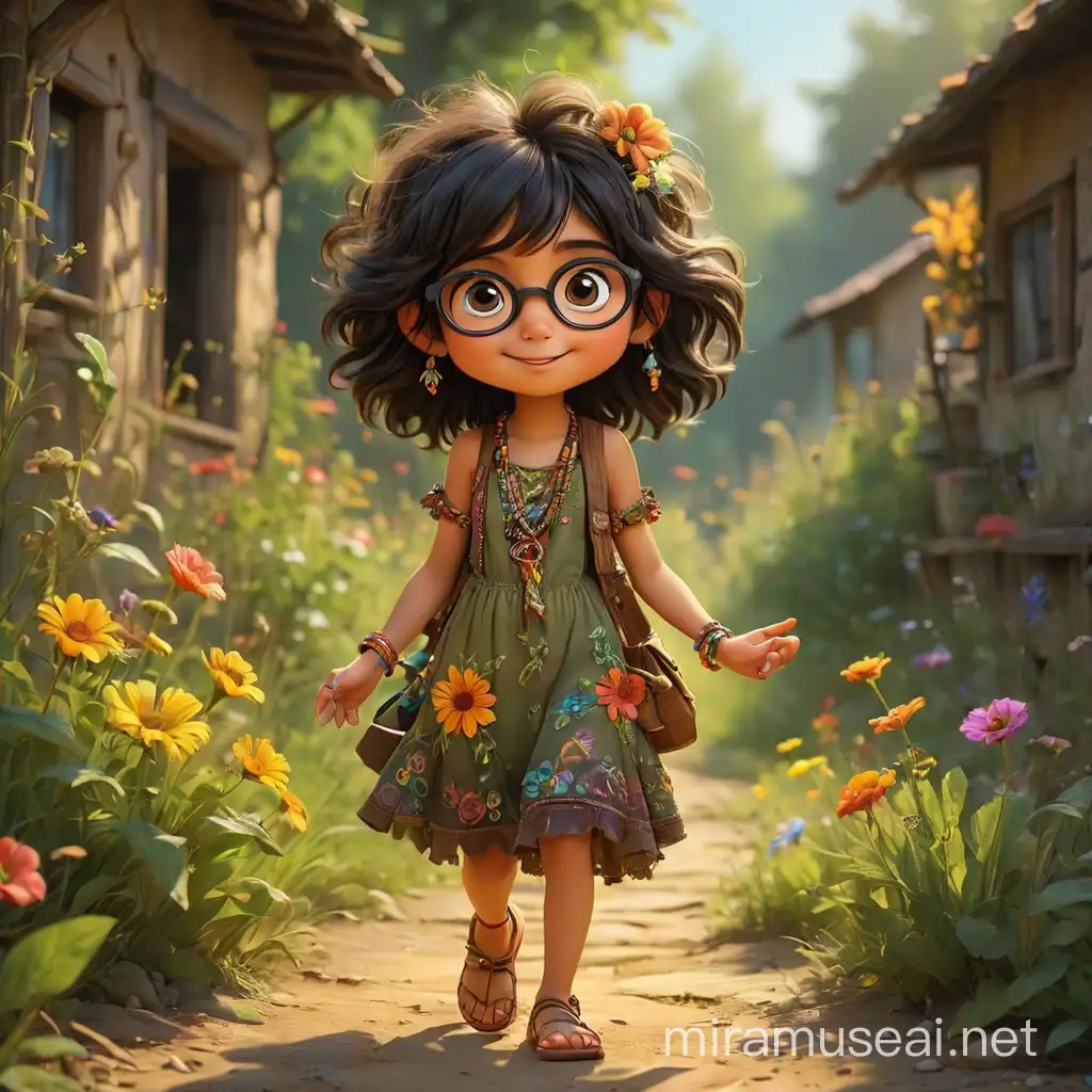  textured, Airbrushed image of a cute messy-black-haired thin little girl with big eyes and glasses, dressed as a funny bohemian hippie,  by Jean-Baptiste Monge, wearing colorfull embroidered tiered boho dress, sandals, ethnic bracelets, holding peace sign, she looks very happy and smiles, fantasy scene, meadow and overgrown flowers,  morning sun lighting, vibrant color, shadows and contrast, artgerm, beksinski, highly detailed perfect lighting.