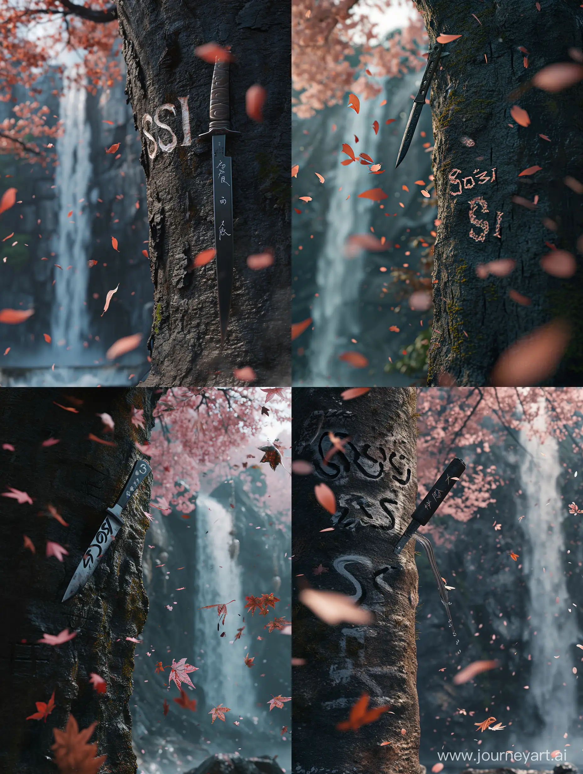 Sakura tree, the inscription "sosi" is scratched on the tree, a knife is stuck in the tree, sakura leaves are falling, a waterfall is in the background in the distance, far view, shot from the movie, cinematic, photorealistic, ultra-detailed, 4k