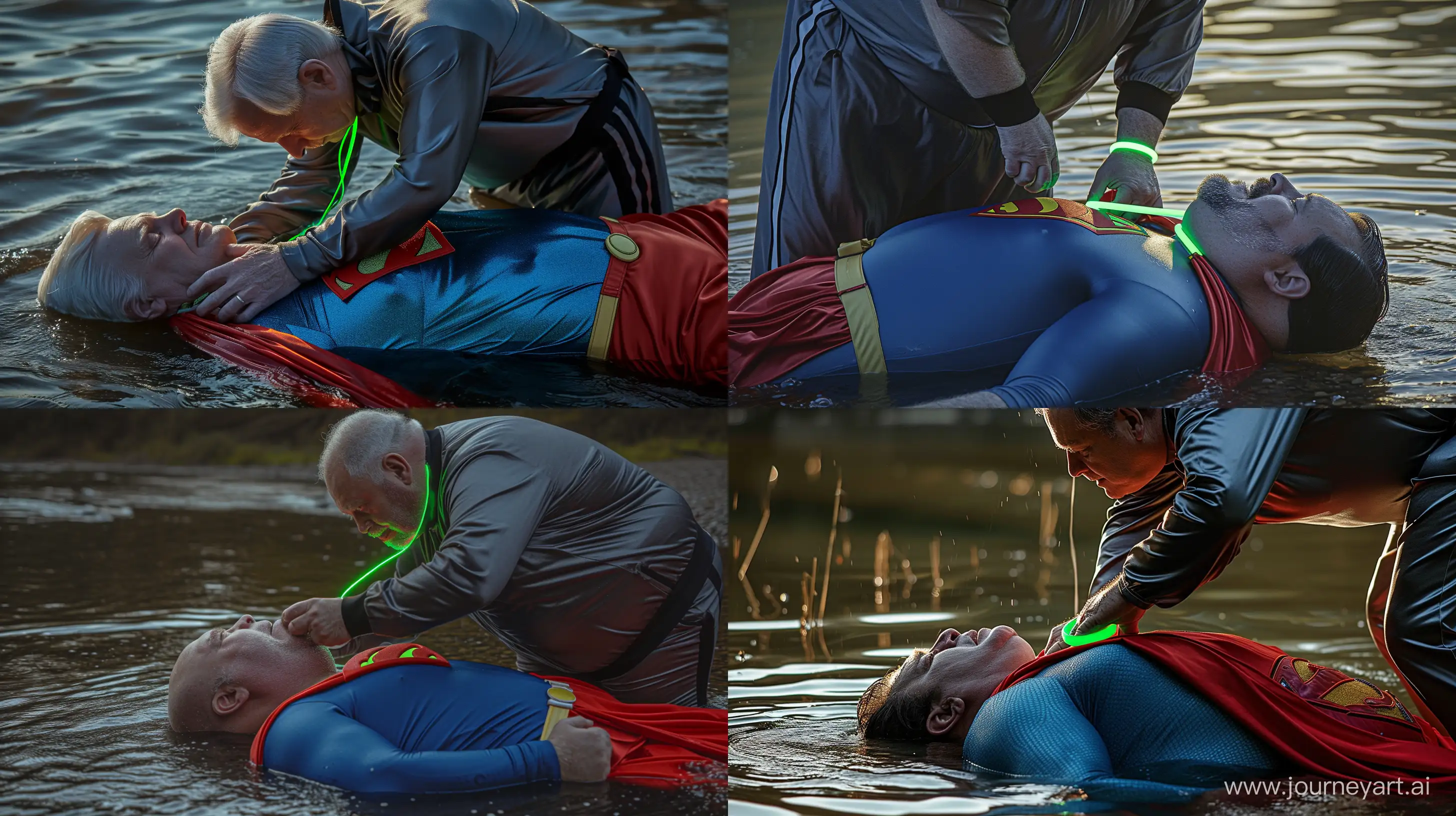 Close-up photo of a 100 kg man aged 60 wearing a silk dark grey tracksuit with a black stripe on the pants. He is tightening a tight green glowing neon dog collar on the neck of a fat man aged 60 wearing a tight blue 1978 smooth superman costume with a red cape lying on his face in the water. Natural Light. River. --style raw --ar 16:9