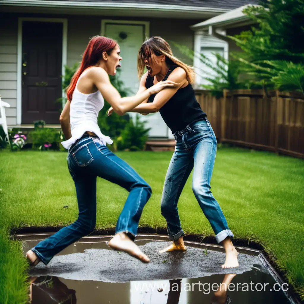 Two women fight backyard on grass barefoot in jeans angry puddle