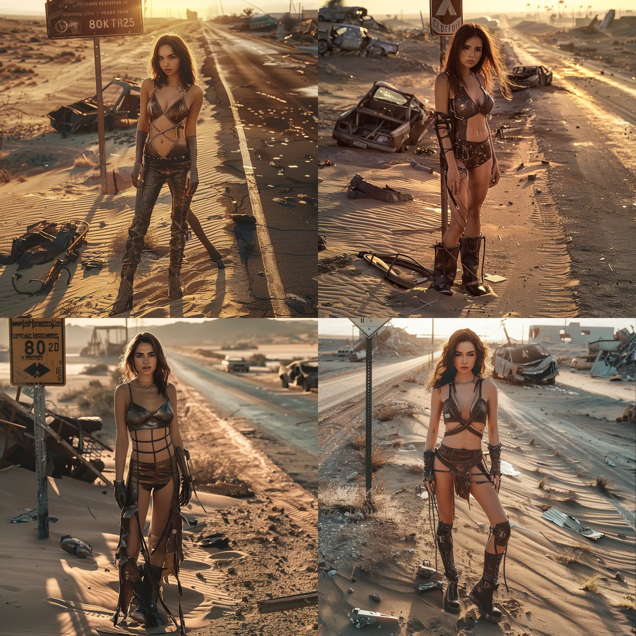 Full body view, a 25-year-old woman with brown hair, post-apocalyptic,  she is wearing a leather outfit with thin straps, the woman is standing next to a main road in the sand in front of a road sign, the background is a barren wasteland,, post-apocalyptic view, long clothes, shoes, ruins, ruins of buildings, broken cars, golden hour sunshine, space view, cinematic photo with dramatic lighting, hyper-realistic textures, atmospheric, dark, highly detailed, futuristic post-apocalyptic desert, cinematic, HDR, 8k, cinematic shot, professional color correction, volumetric lighting, sharp focus, film grain, high dynamic range, dramatic lighting, realistic textures