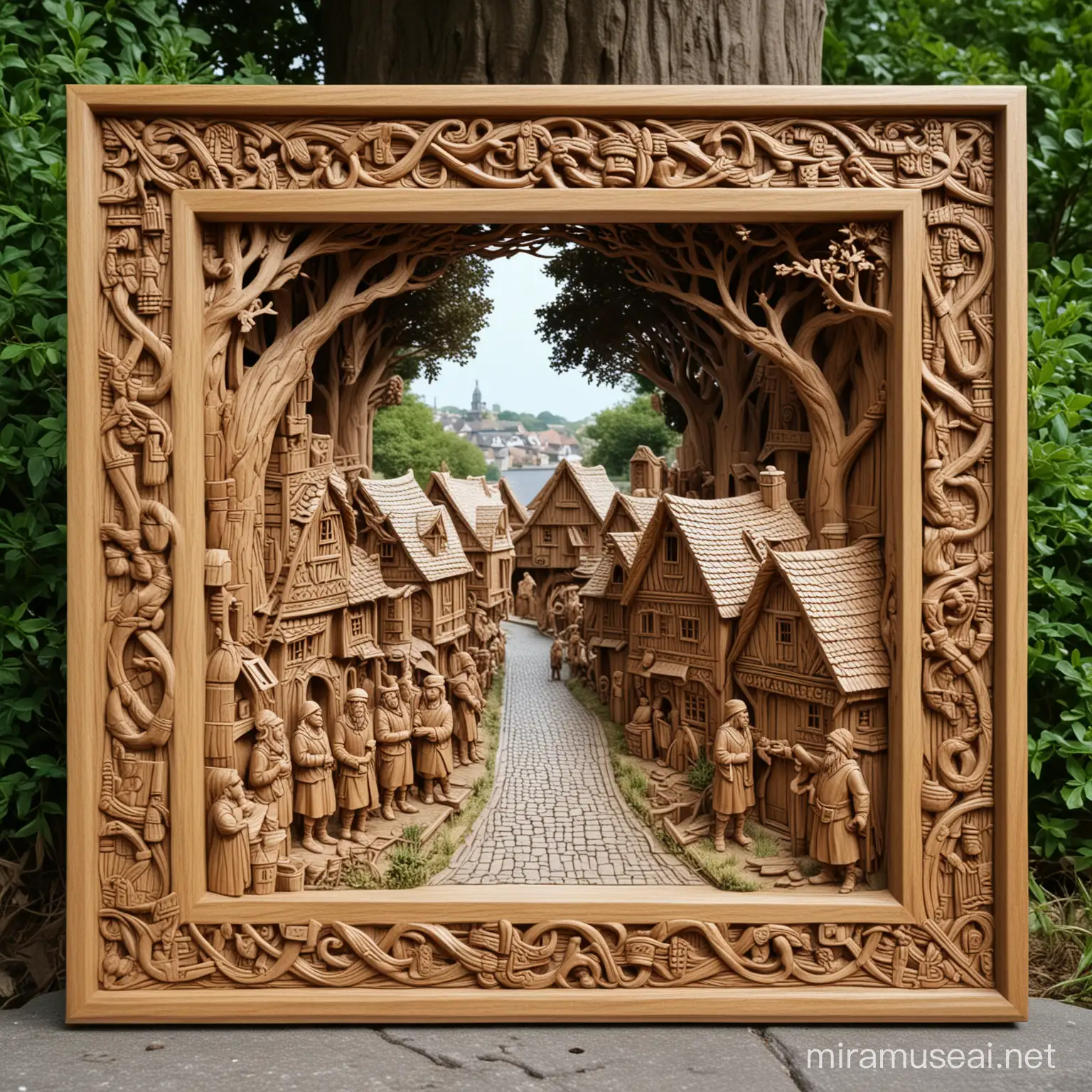 Viking village 3D carved in oak with locals talking on the street in an oak celtic inspired frame