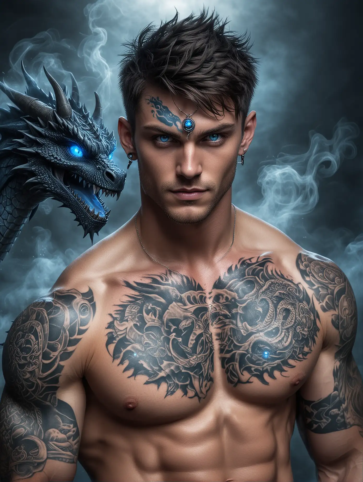 Illustration of a very handsome and muscular shirtless man-dragon, piercing blue eyes, tattoos, dragon head, led blue fog,