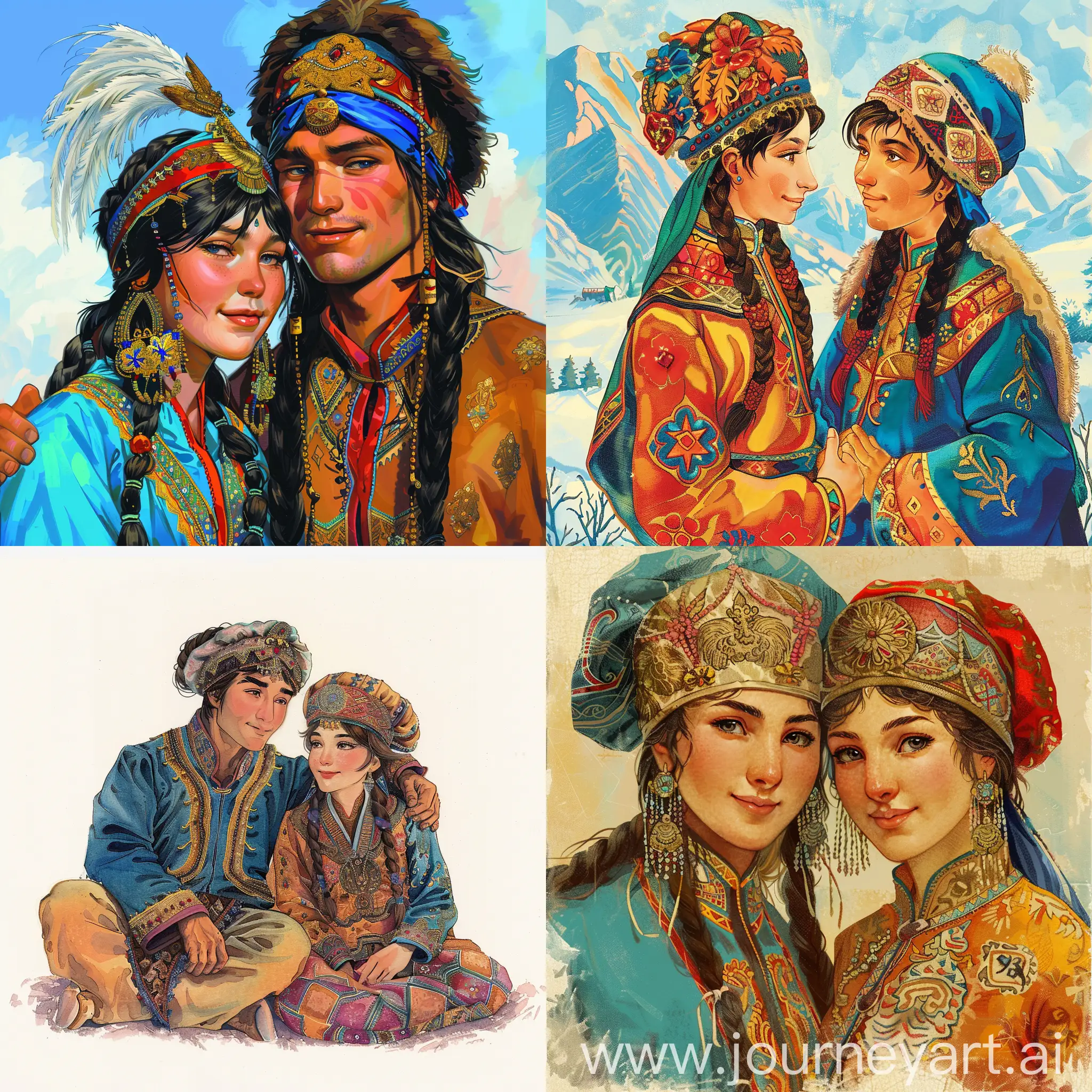 Give me the picture of two Kazakh lovers in story books