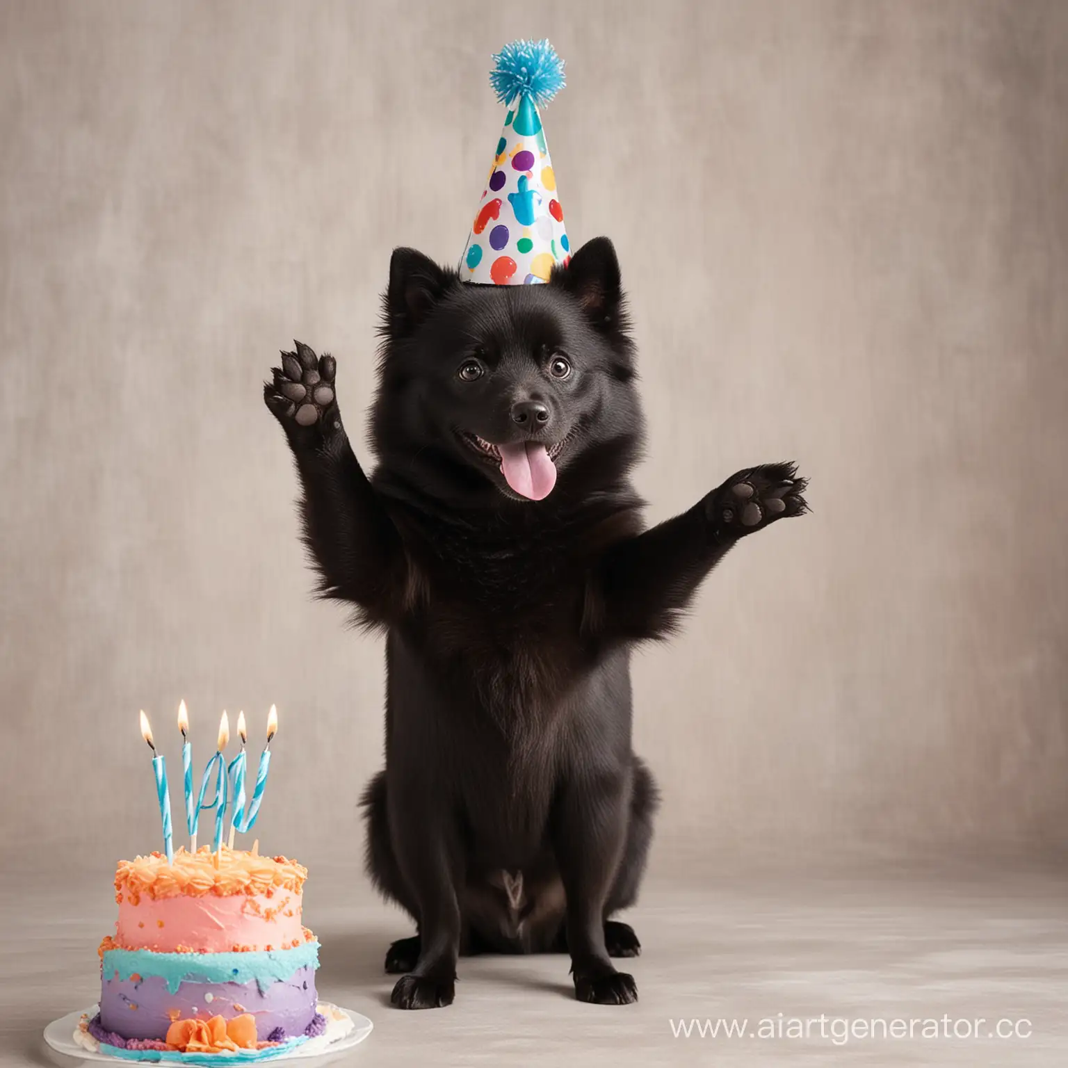 Schipperke-Dog-Wishing-Happy-Birthday-with-Paw-Wave-and-Smiling