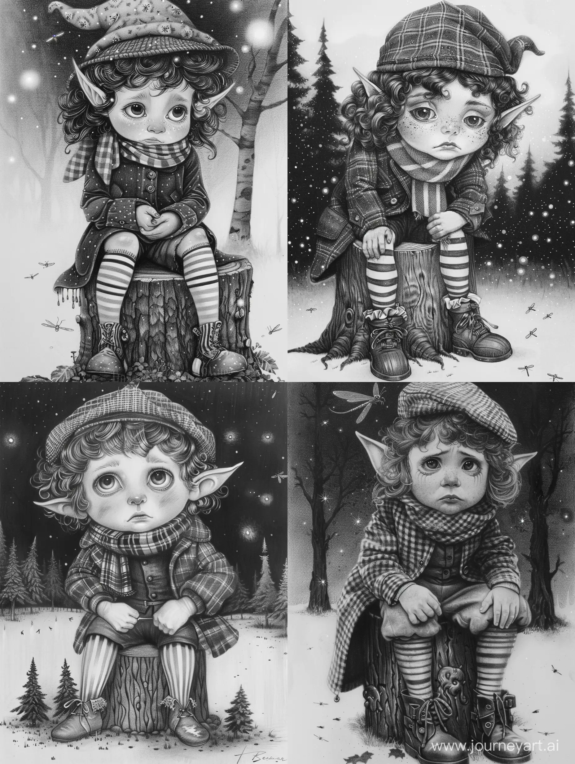 Vintage-Sad-Elf-Boy-in-Night-Forest-with-Fireflies-Charcoal-Drawing