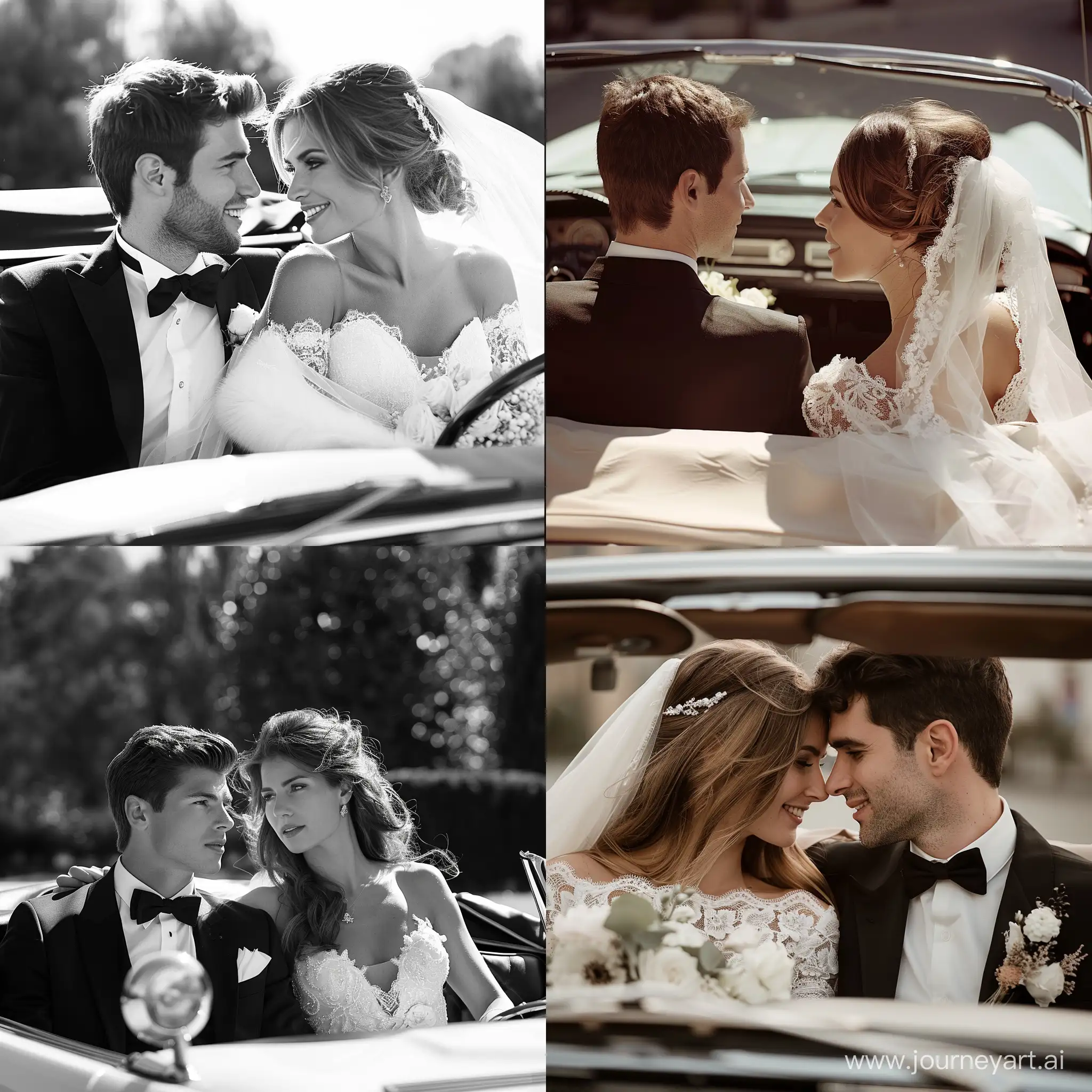 Joyful-Bride-and-Groom-Riding-in-Convertible-Car