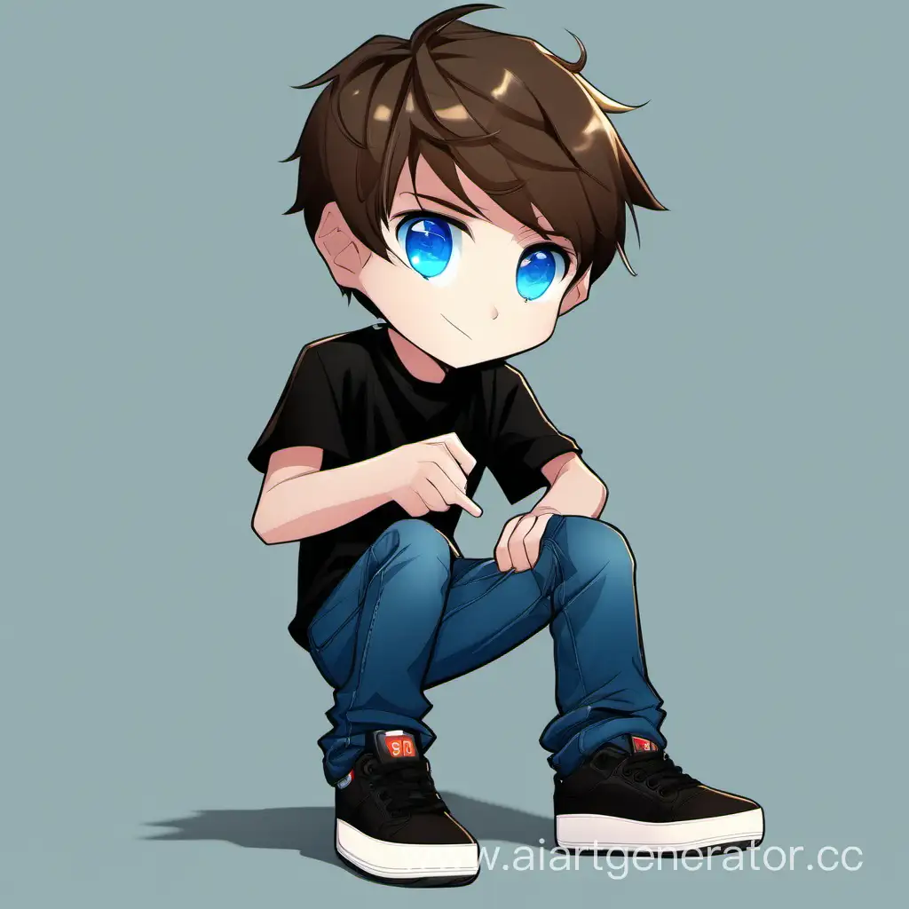 boy,brown hair,blue eyes,black t-shirt,jeans,sneakers,glock in hands