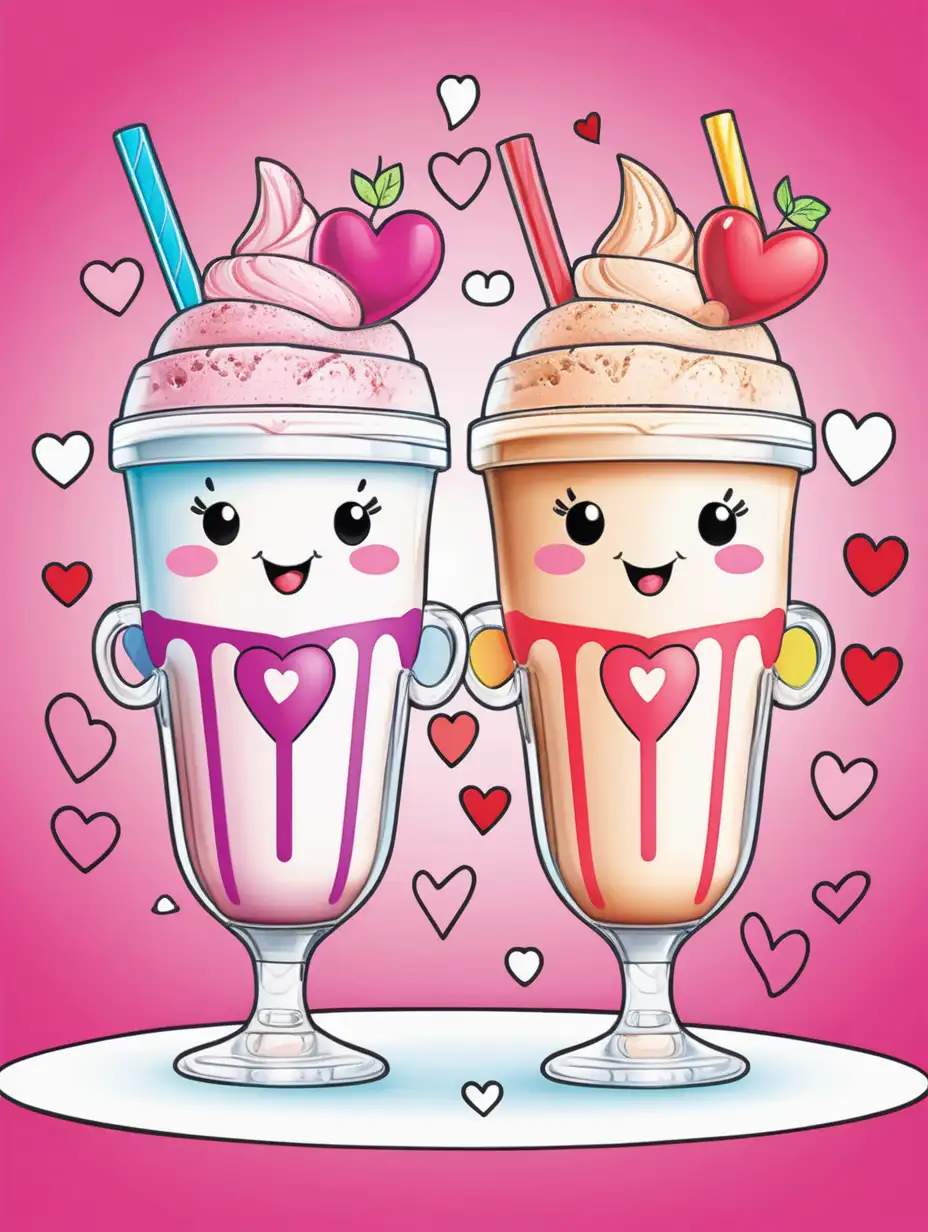  Illustration for kid's coloring book page, with vibrant colors: 2 milkshakes with smiling faces, san valentines style, sweet, cover book, hardcover, high-resolution, in cartoon style, different colors, for children
