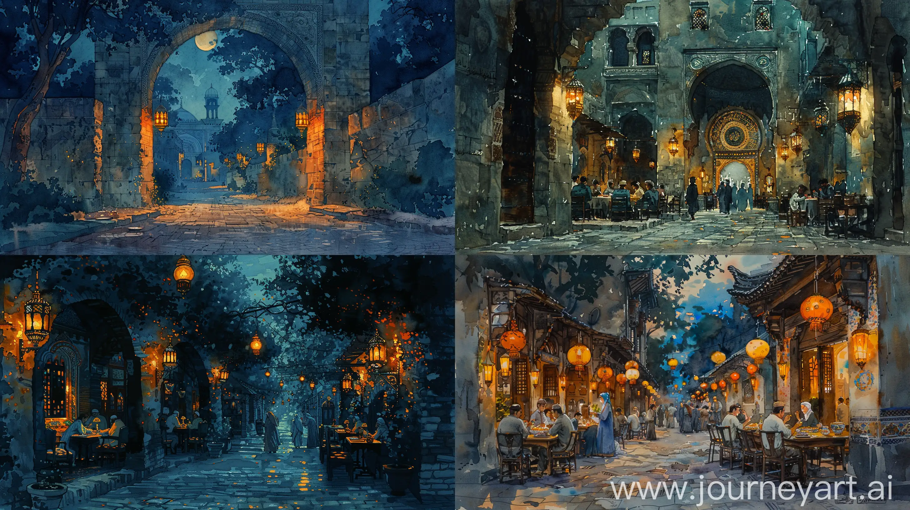 Peaceful Ramadan night in the old city, lanterns casting warm glows on cobblestone streets, families breaking fast, cultural essence, Islamic architecture, intricate mosaics, watercolor and ink illustration, high detail --ar 16:9 --stylize 750 --v 6 --chaos 10