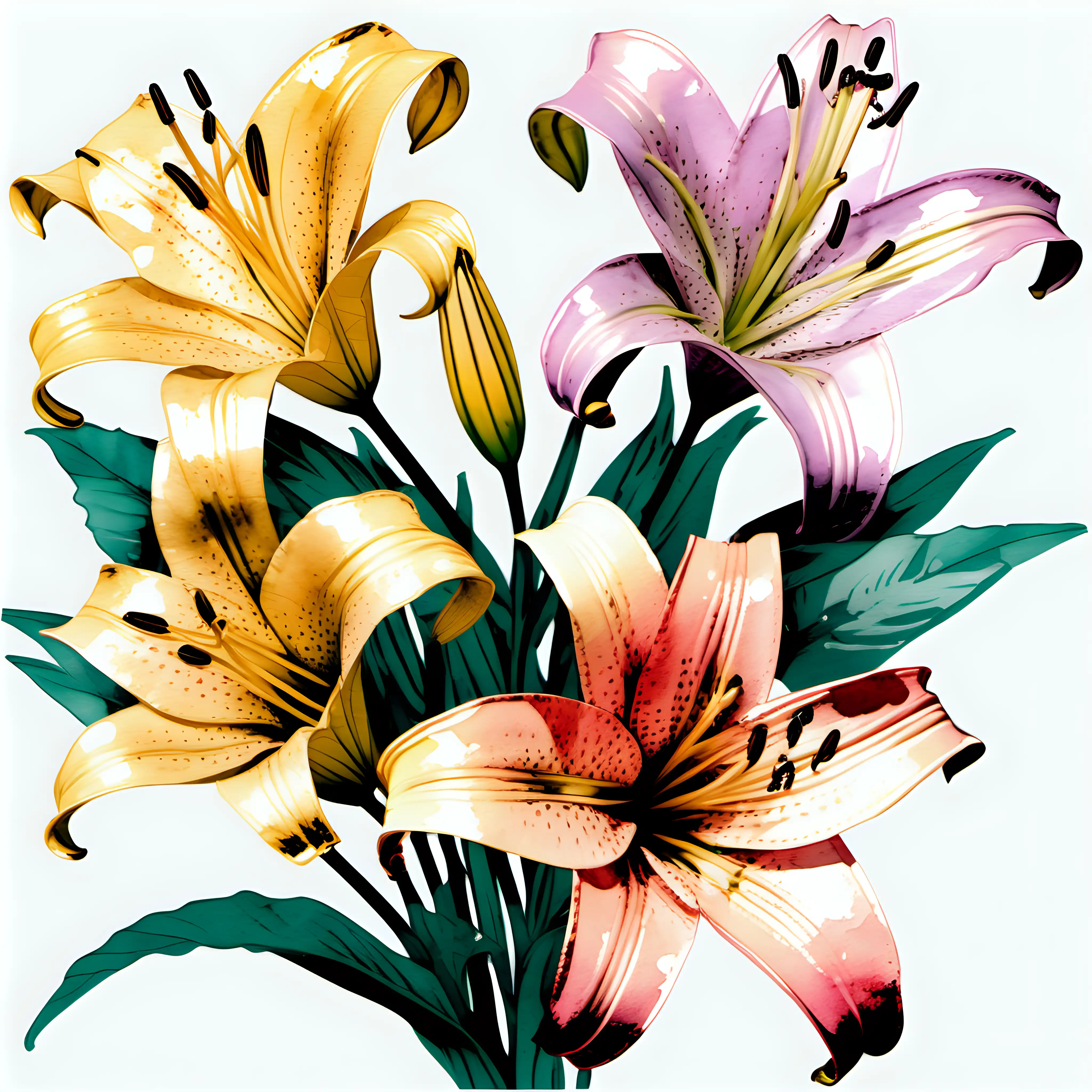 /imagine prompt pastel watercolor LILY flowers clipart on a white background andy warhol inspired --tile