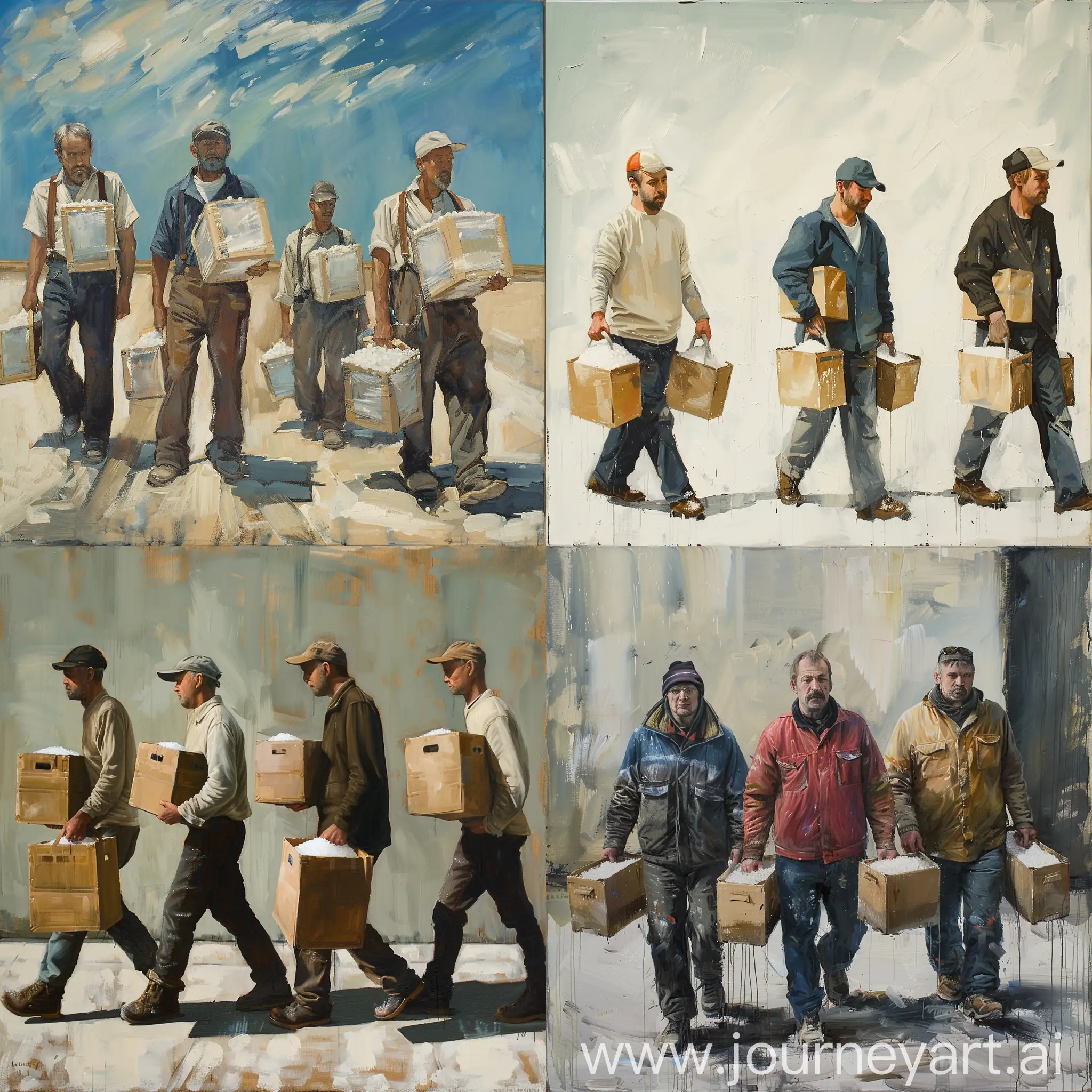 four painters carry packages of table salt