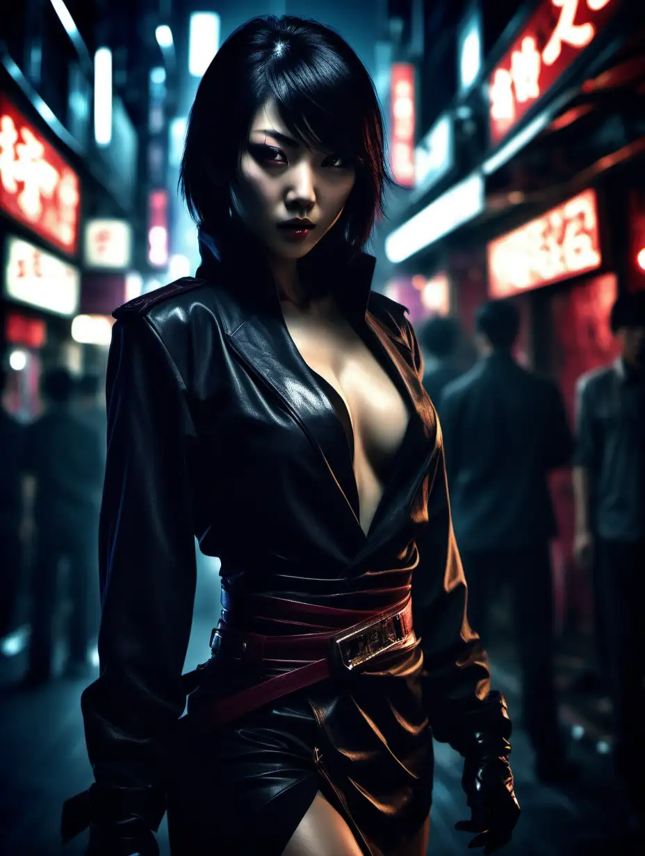 (cinematic lighting), A beautiful female assassin in Tokyo, She moves through the shadows with a grace that belies her deadly skill, her eyes reflecting a mysterious depth as she navigates the intricate dance of her profession. Dressed in sleek, black attire that seamlessly blends into the Tokyo night, her every move is calculated, and her presence exudes an enigmatic allure. The beauty in her lies not only in her physical prowess but also in the mystique that surrounds her, a captivating blend of danger and allure that defines her as a formidable assassin in the clandestine world of shadows, Tokyo night club at the background, Intricate details, detailed face, detailed eyes, hyper realistic photography